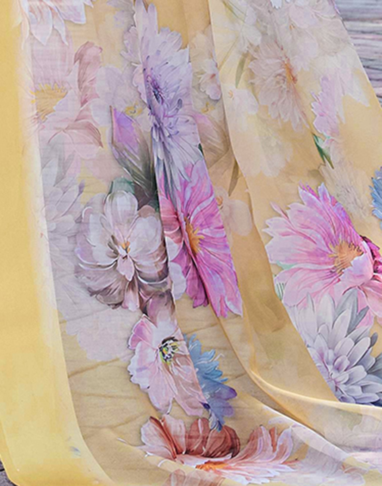 Yellow Georgette Floral Printed Saree