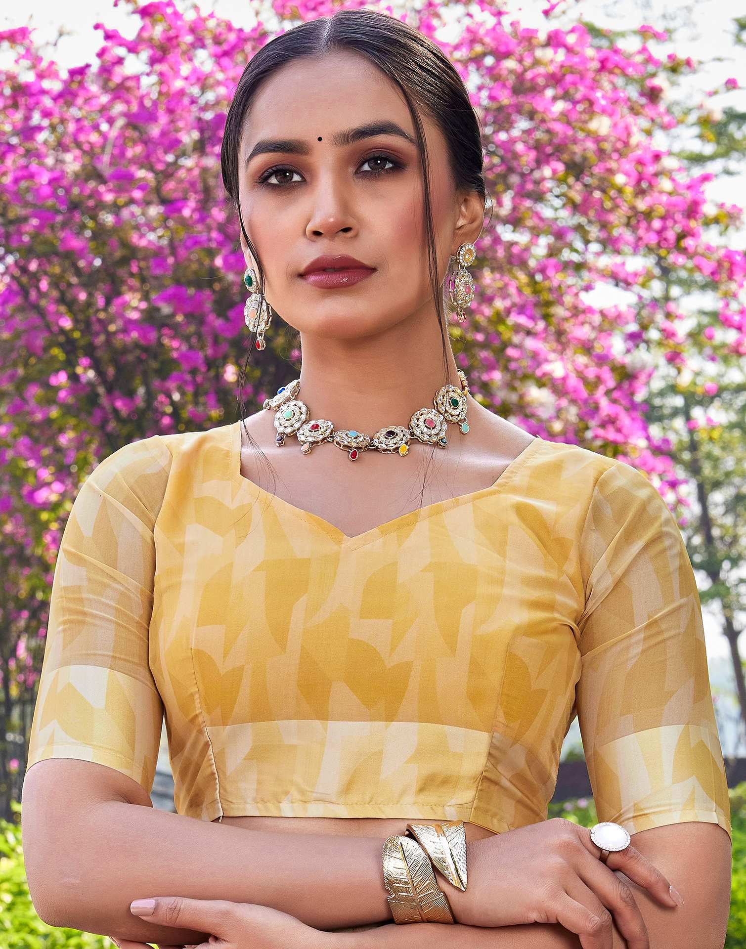 Yellow Georgette Floral Printed Saree
