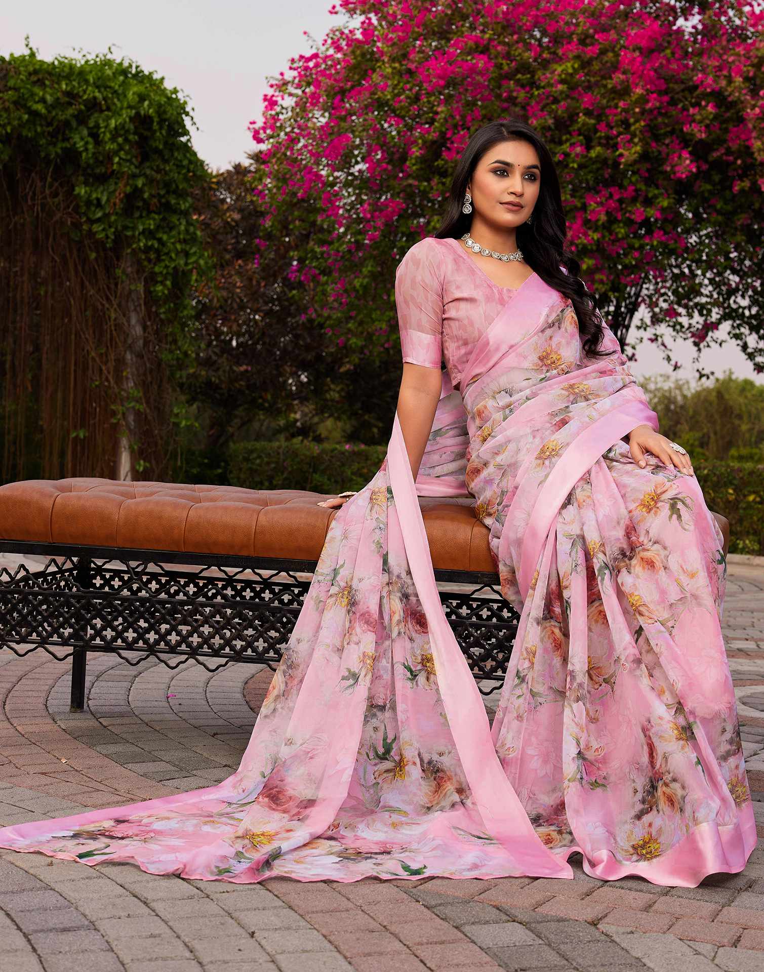 Baby Pink Georgette Floral Printed Saree