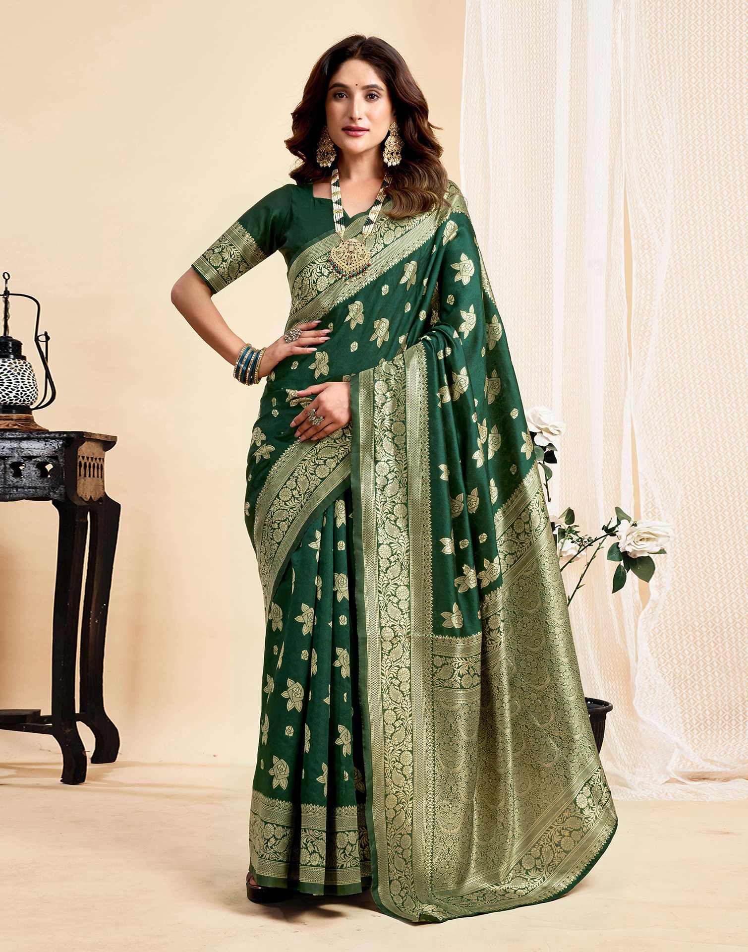 Dark Green Silk Woven Saree