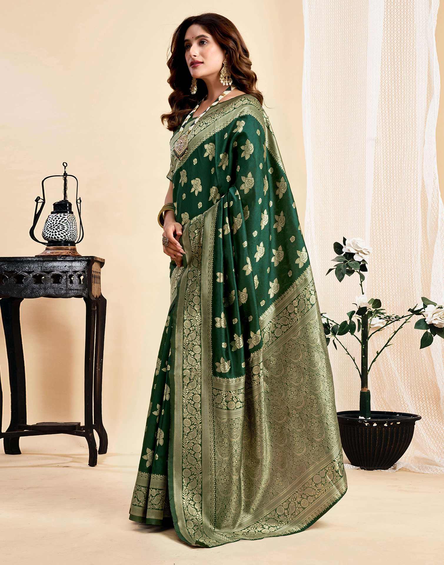 Dark Green Silk Woven Saree