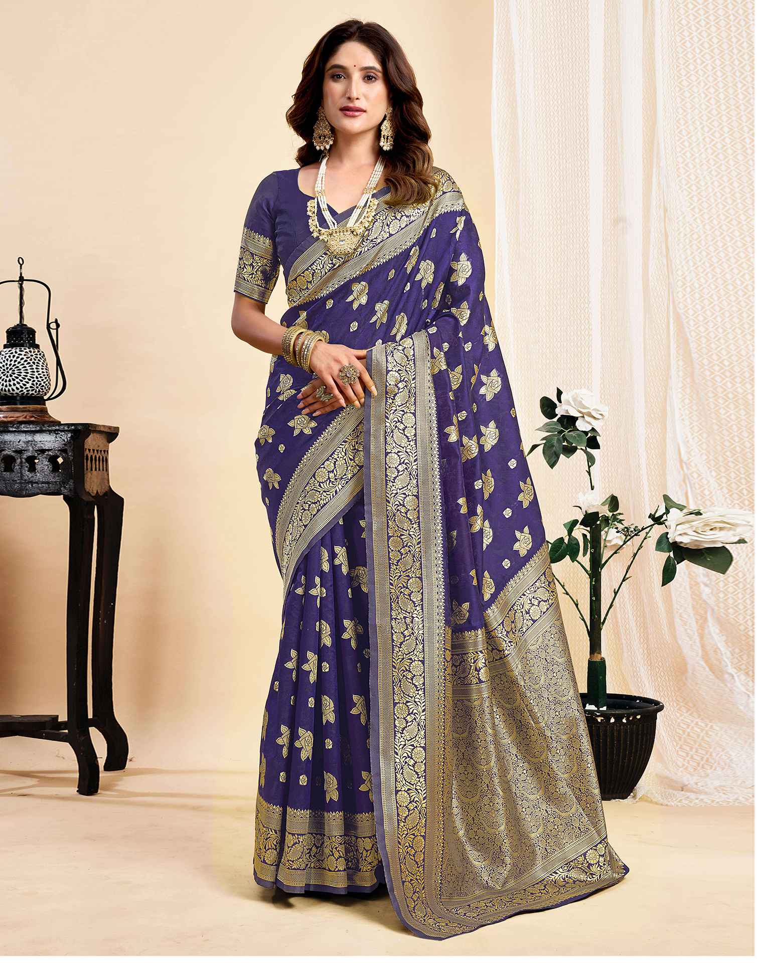 Navy Blue Silk Woven Saree