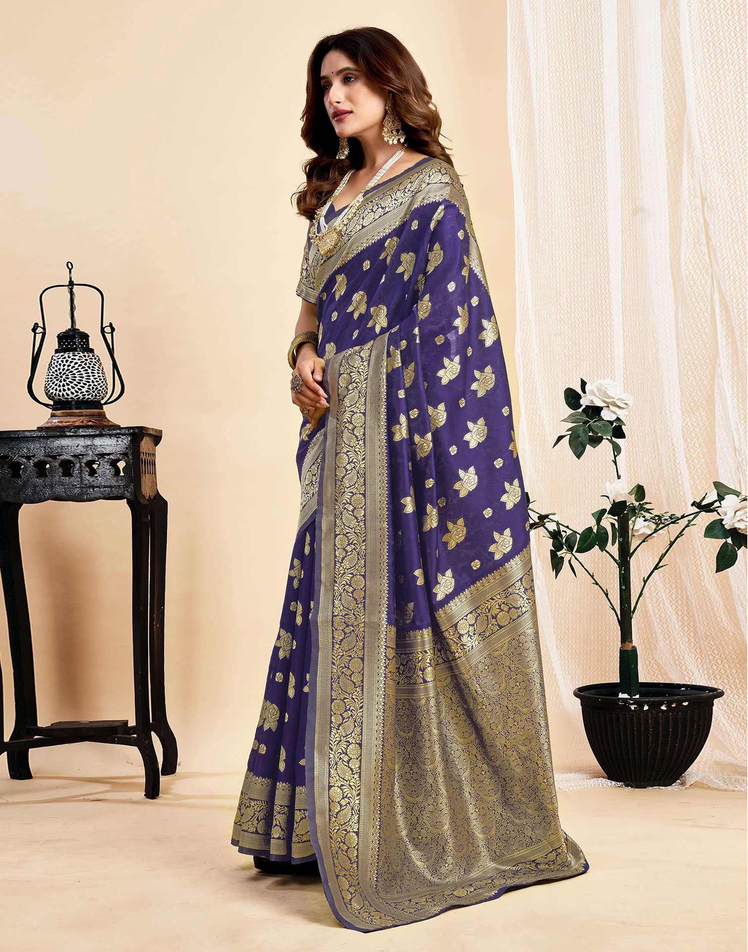 Navy Blue Silk Woven Saree