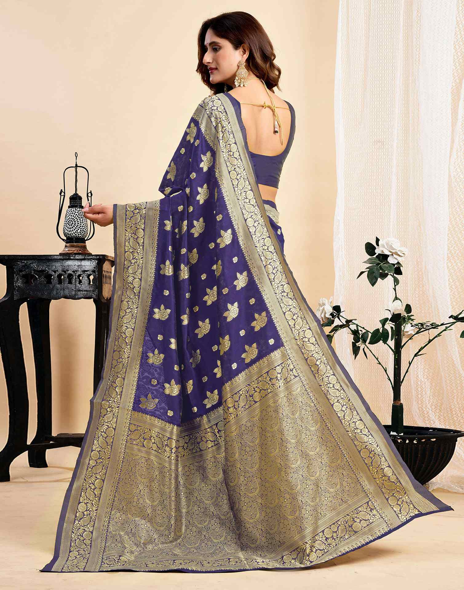 Navy Blue Silk Woven Saree