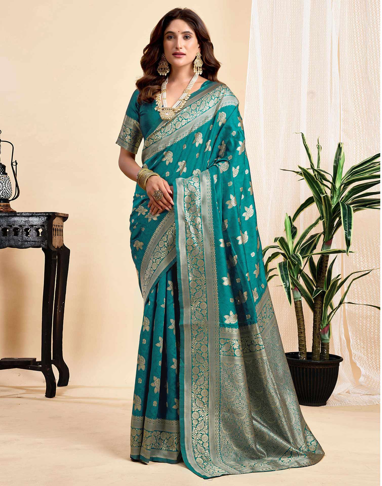 Teal Green Silk Woven Saree