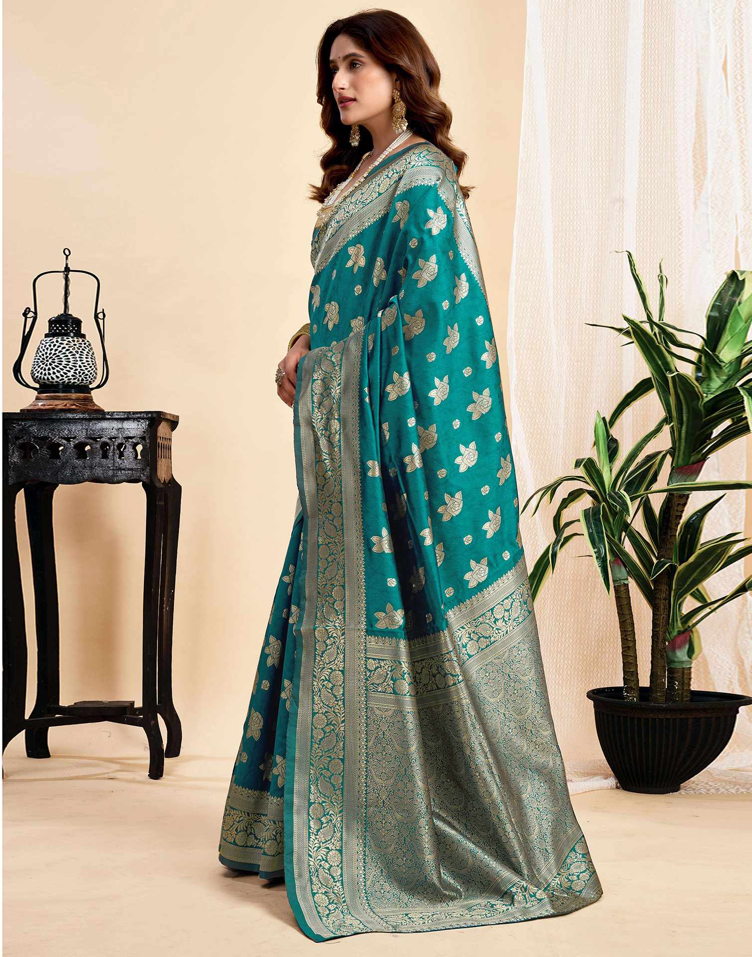 Teal Green Silk Woven Saree