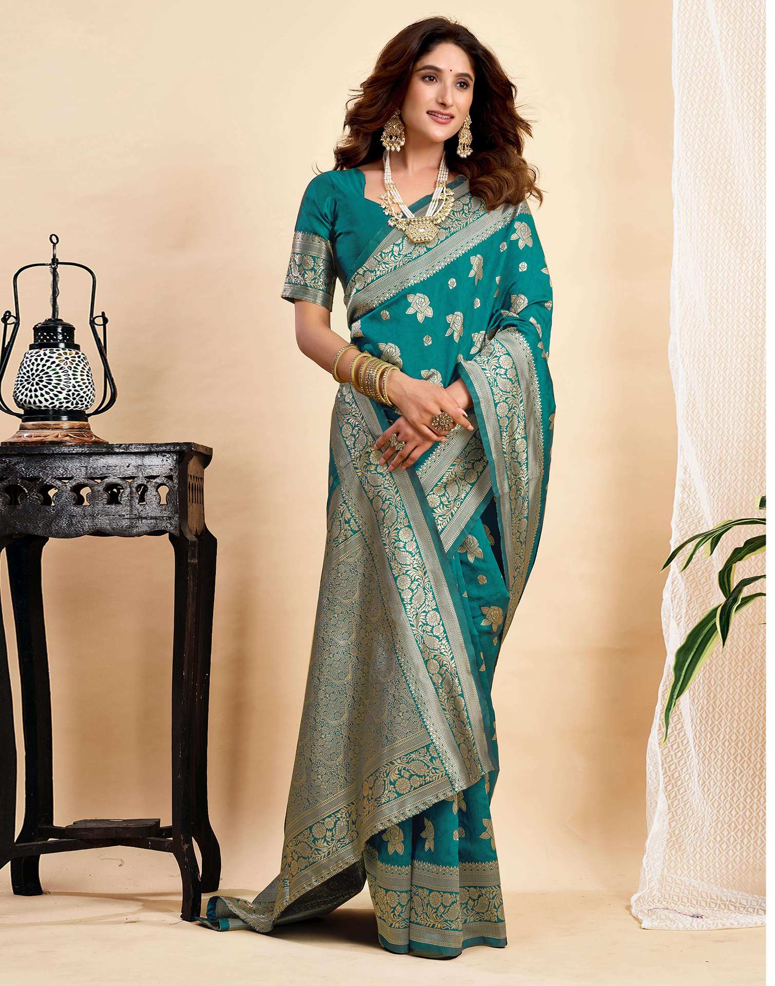 Teal Green Silk Woven Saree