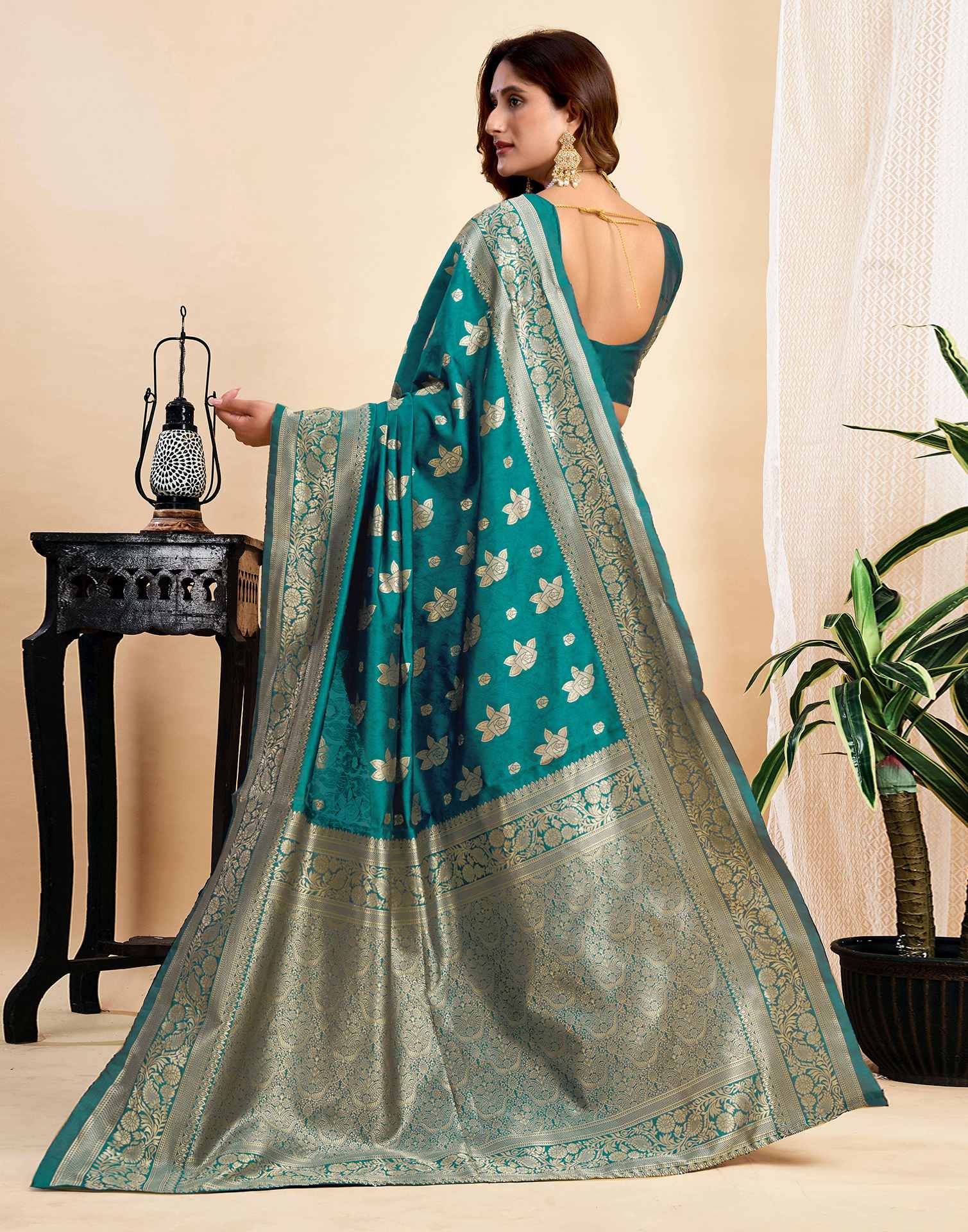 Teal Green Silk Woven Saree