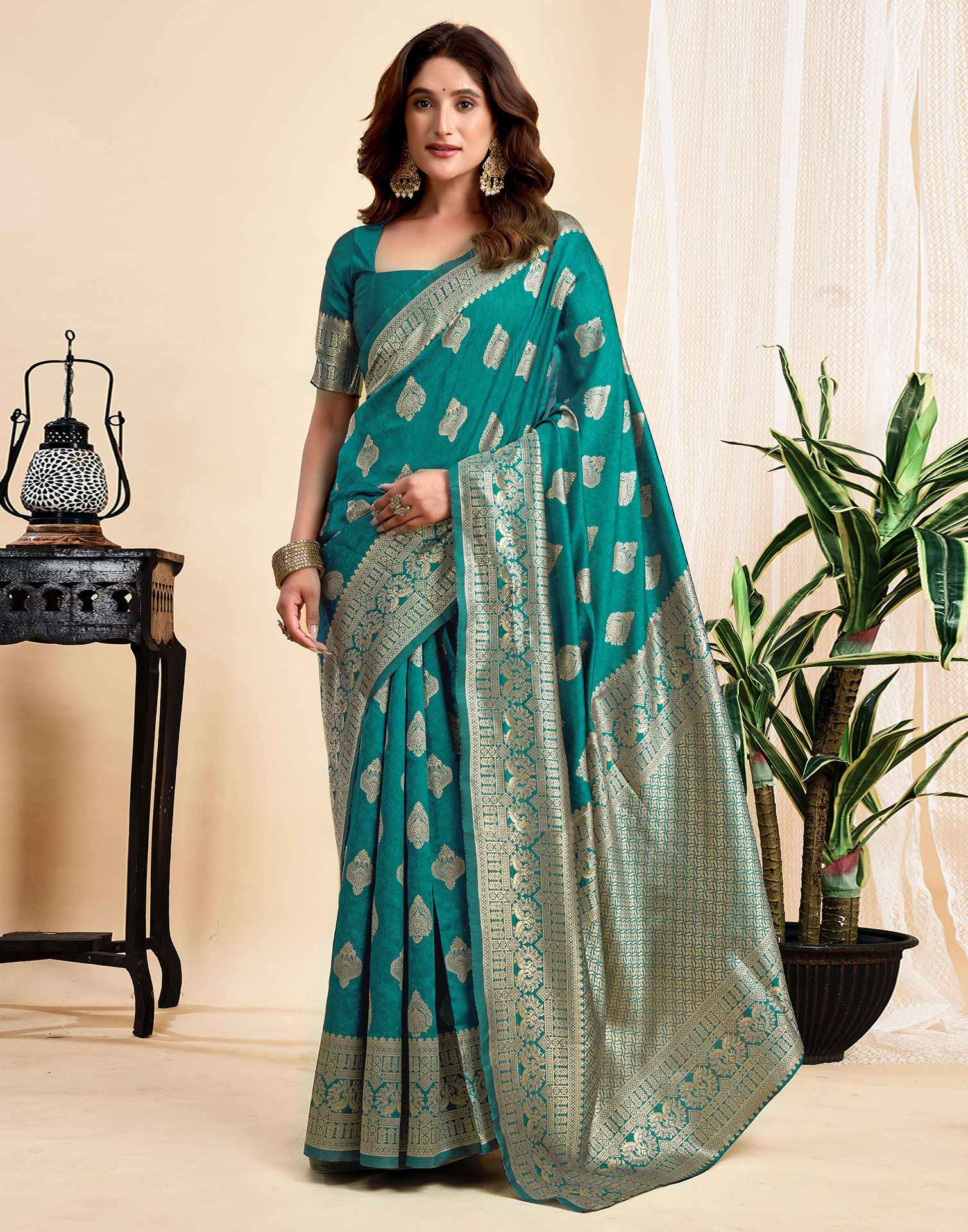 Teal Green Silk Woven Banarasi Saree
