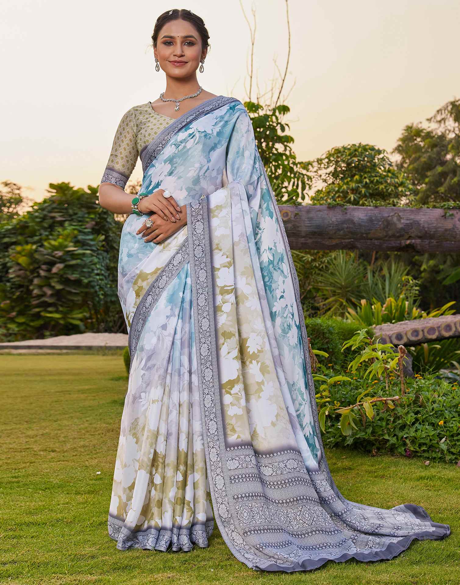 Rama Green Satin Printed Saree