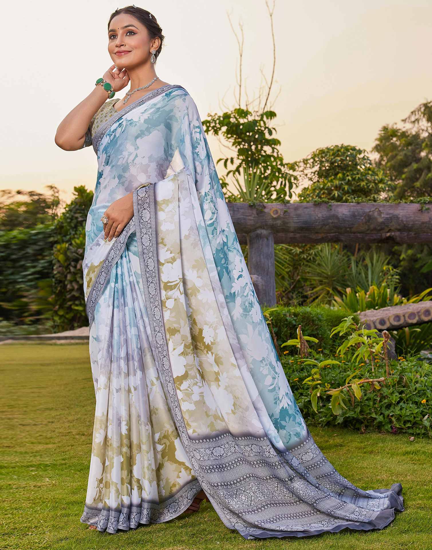 Rama Green Satin Printed Saree