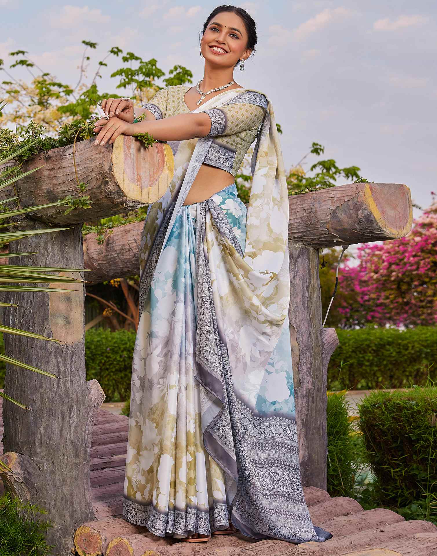 Rama Green Satin Printed Saree