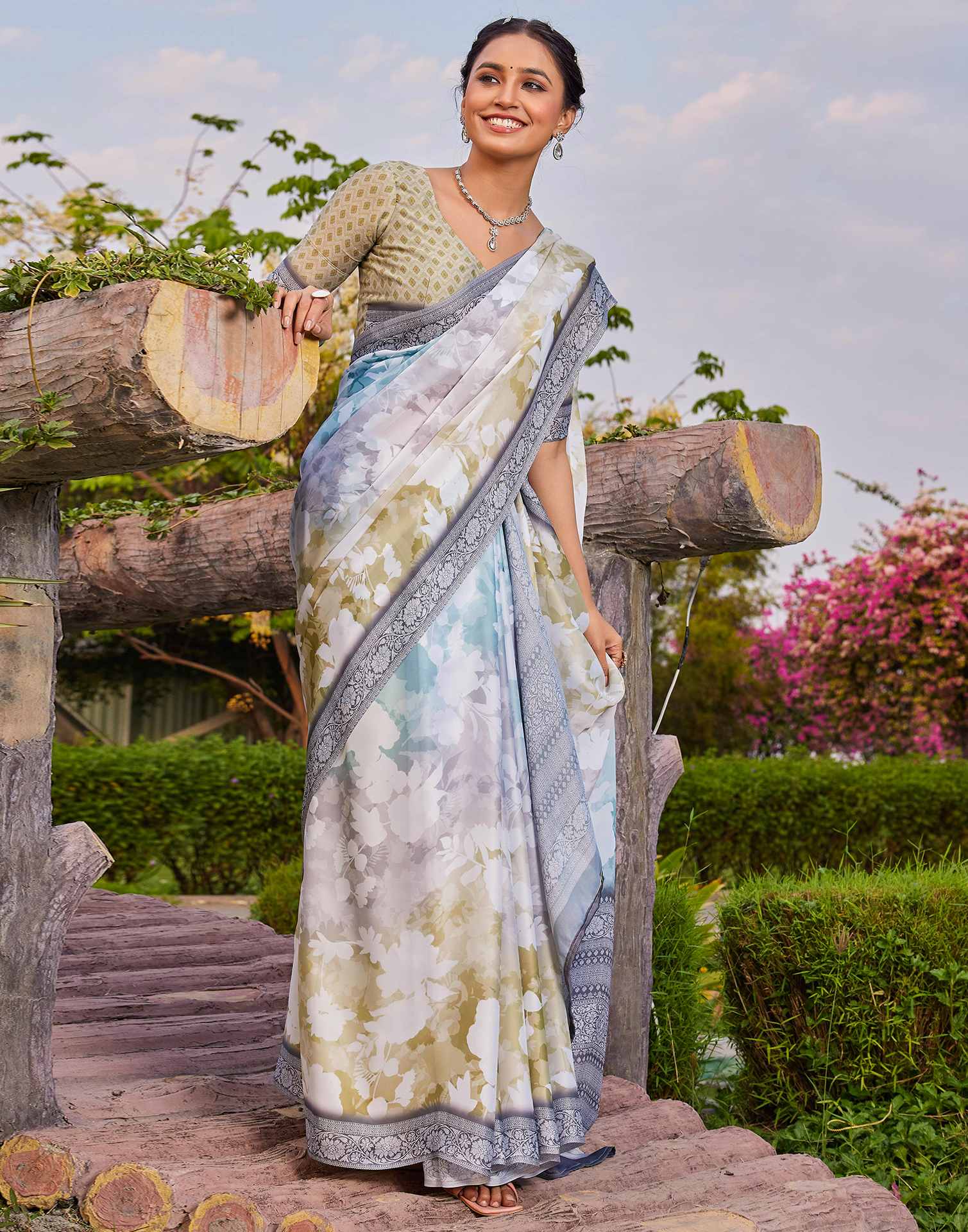 Rama Green Satin Printed Saree