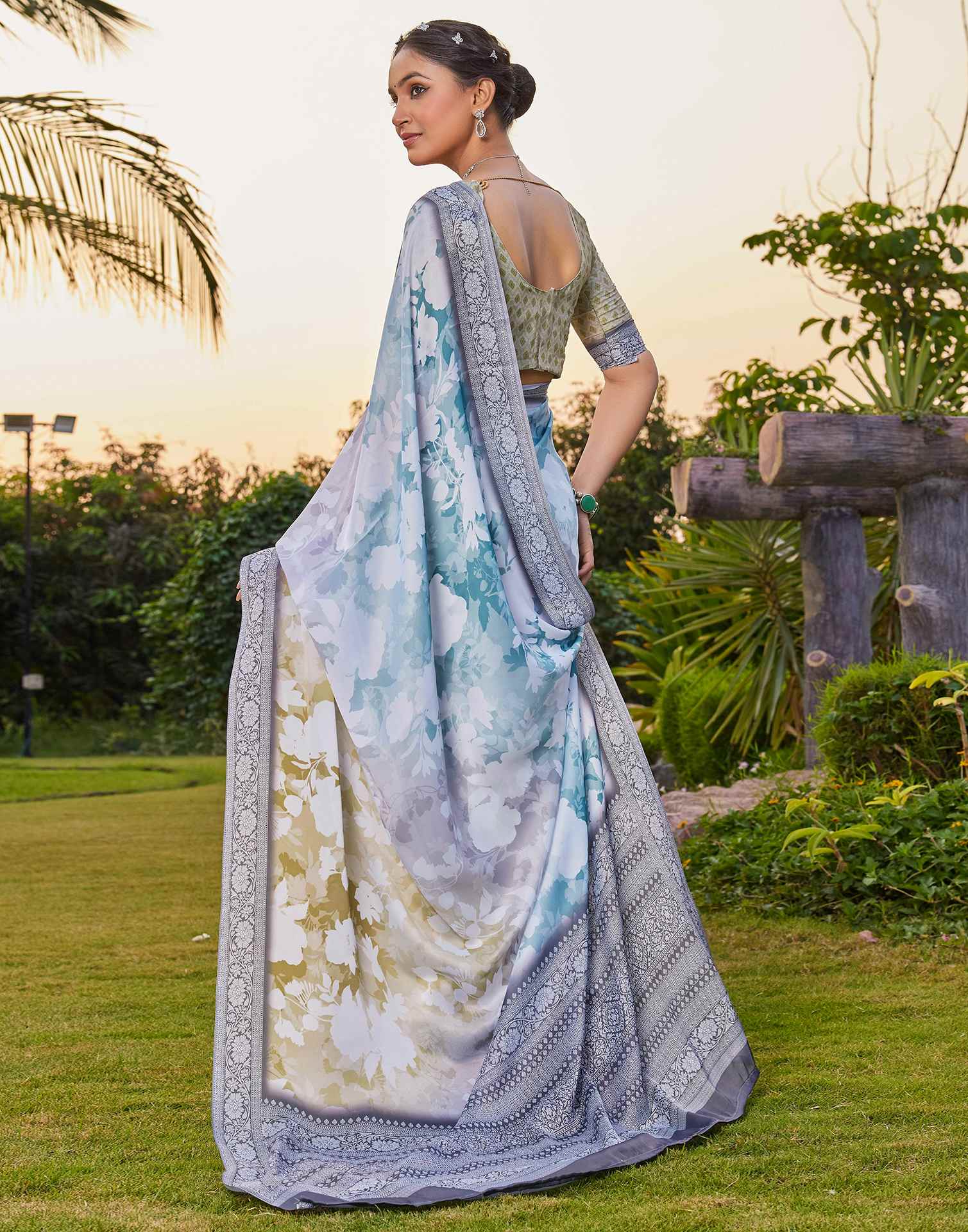 Rama Green Satin Printed Saree