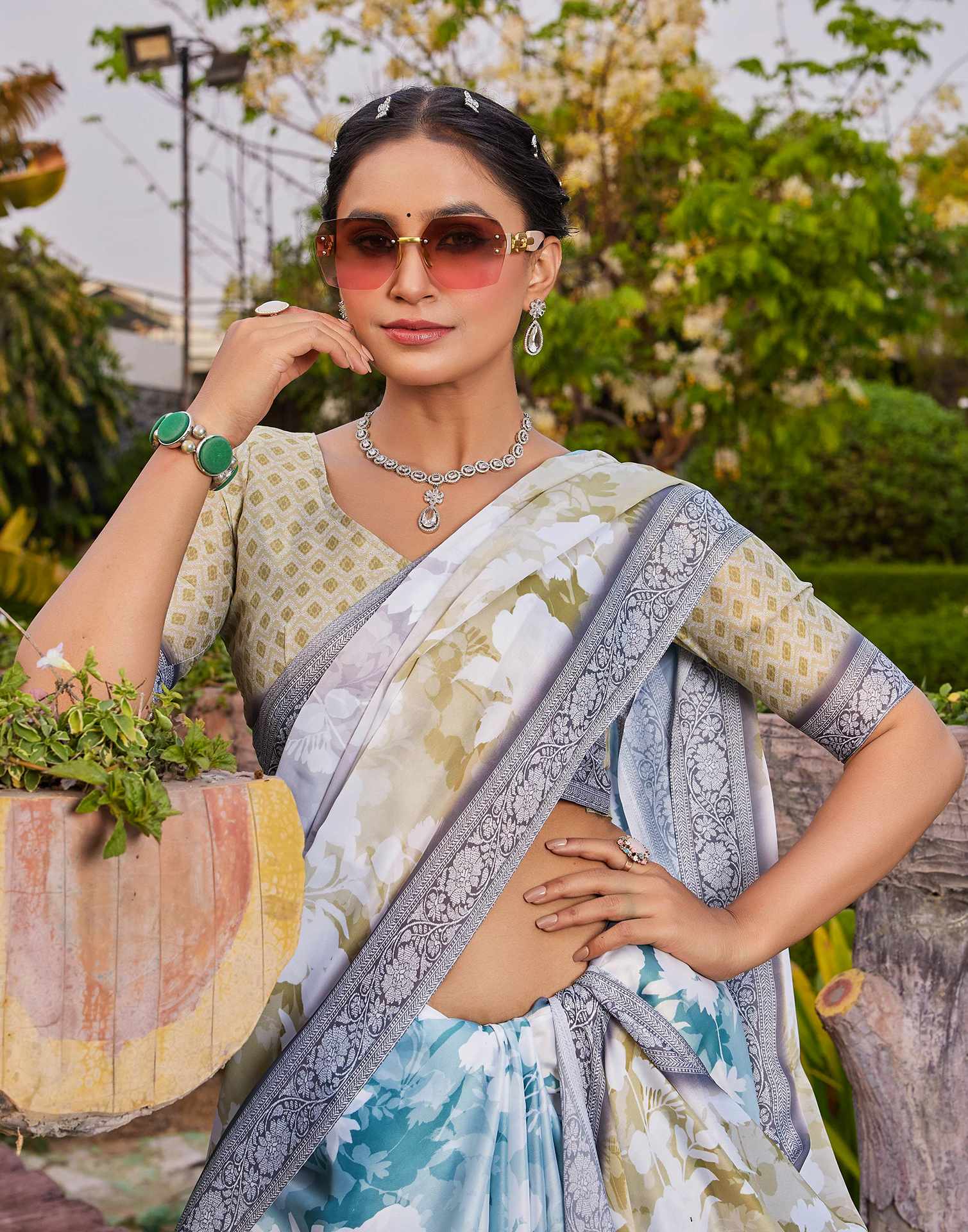 Rama Green Satin Printed Saree