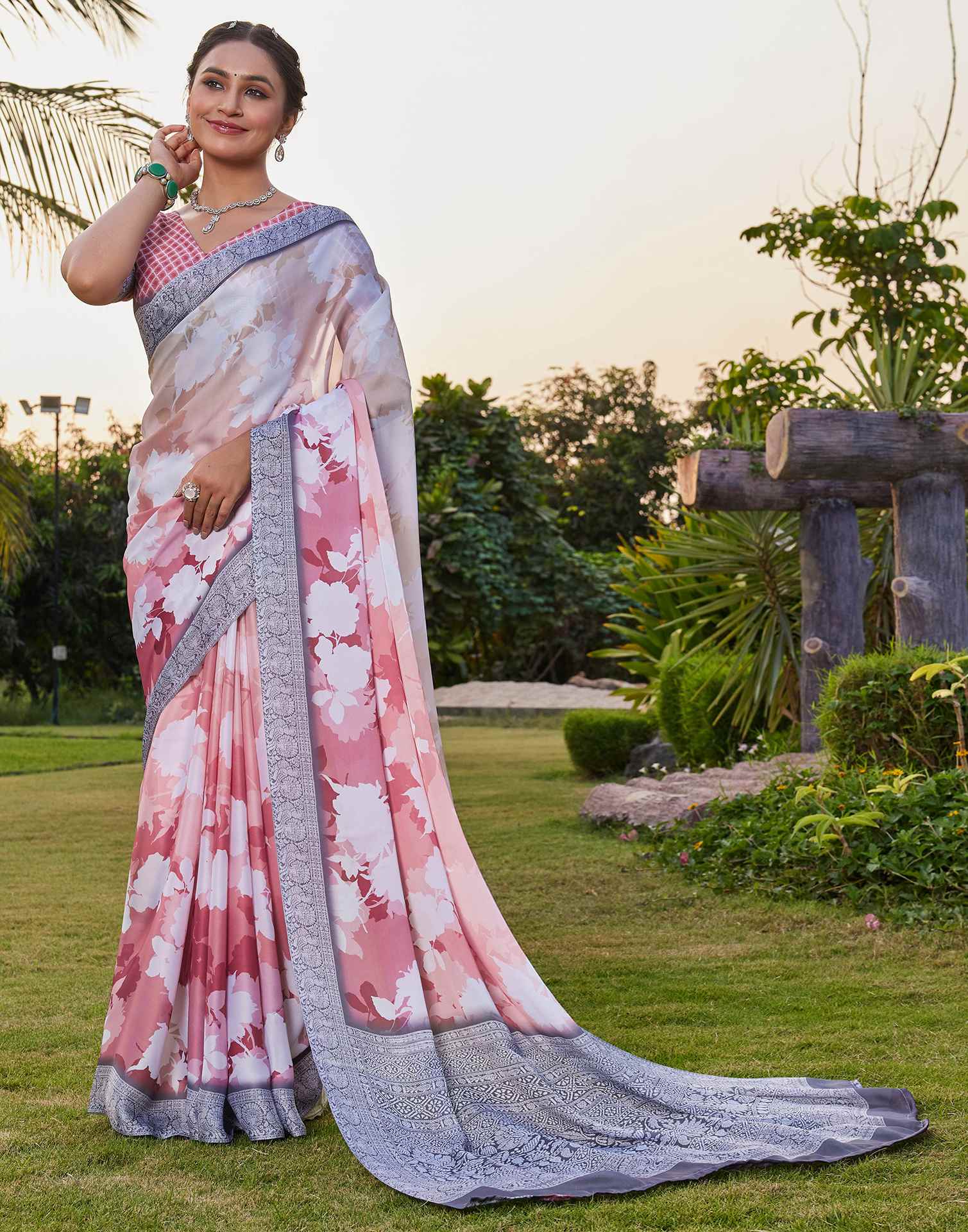 Rose Pink Satin Printed Saree