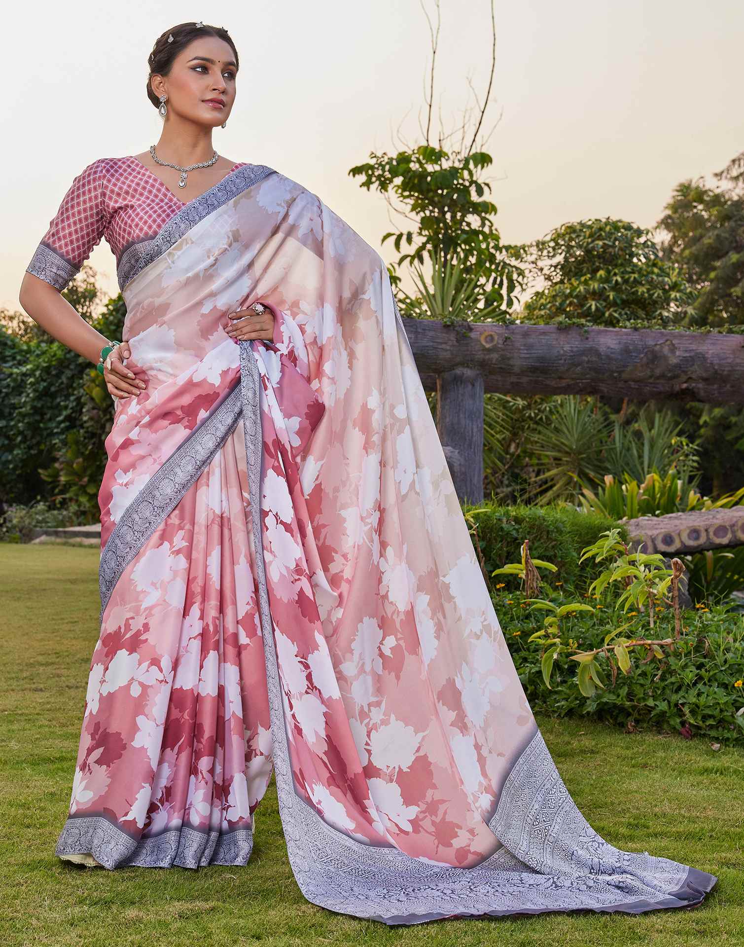 Rose Pink Satin Printed Saree