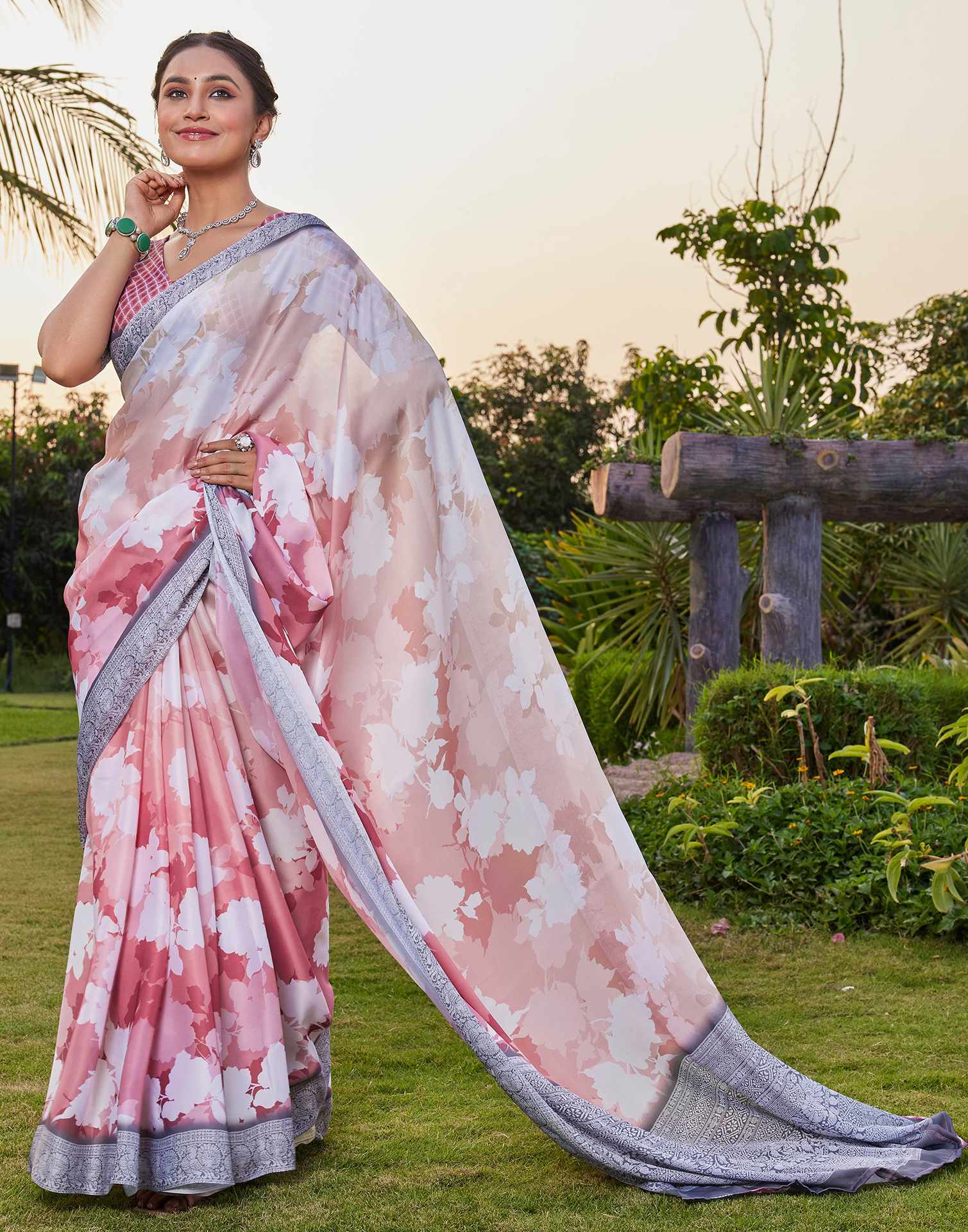 Rose Pink Satin Printed Saree