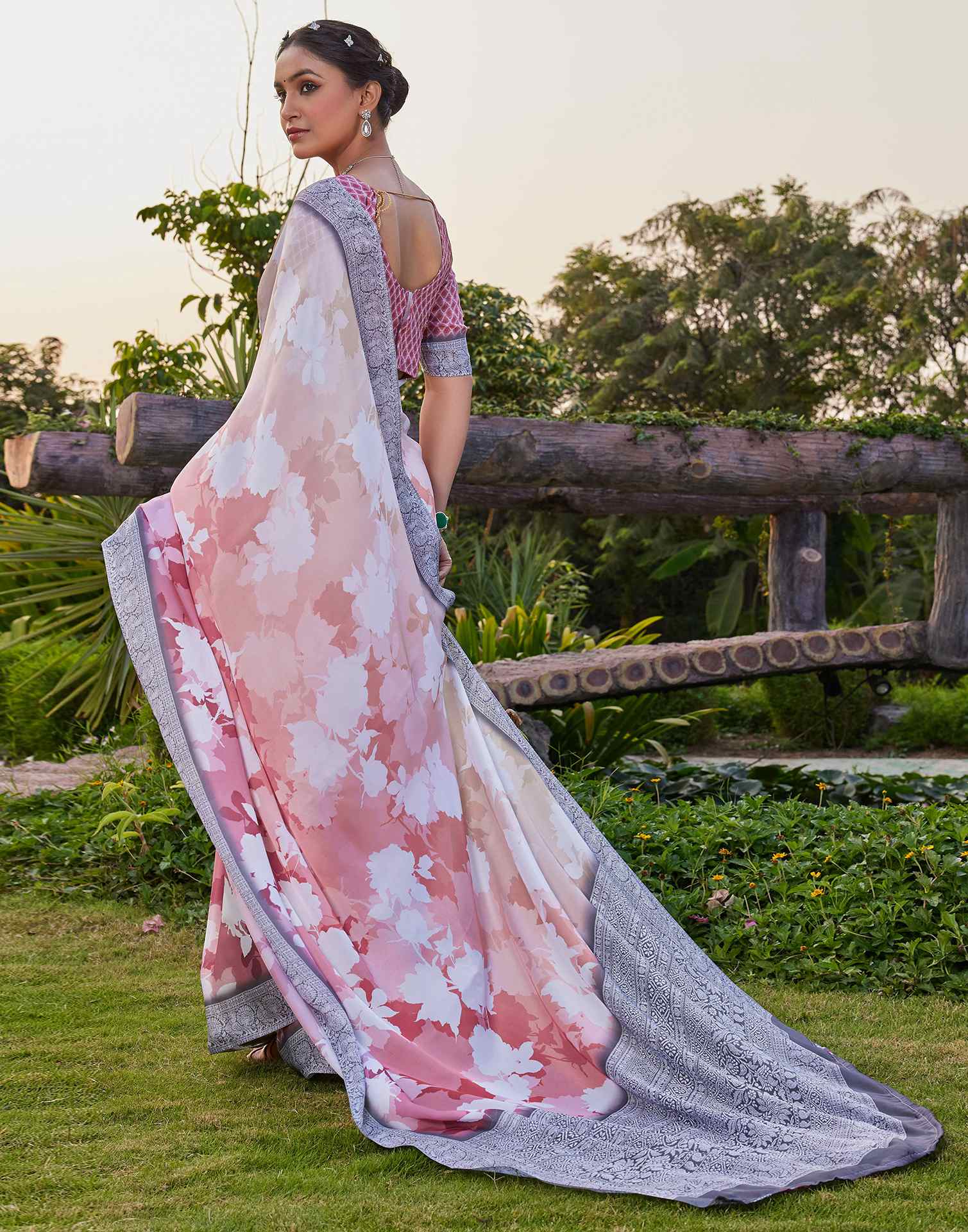 Rose Pink Satin Printed Saree