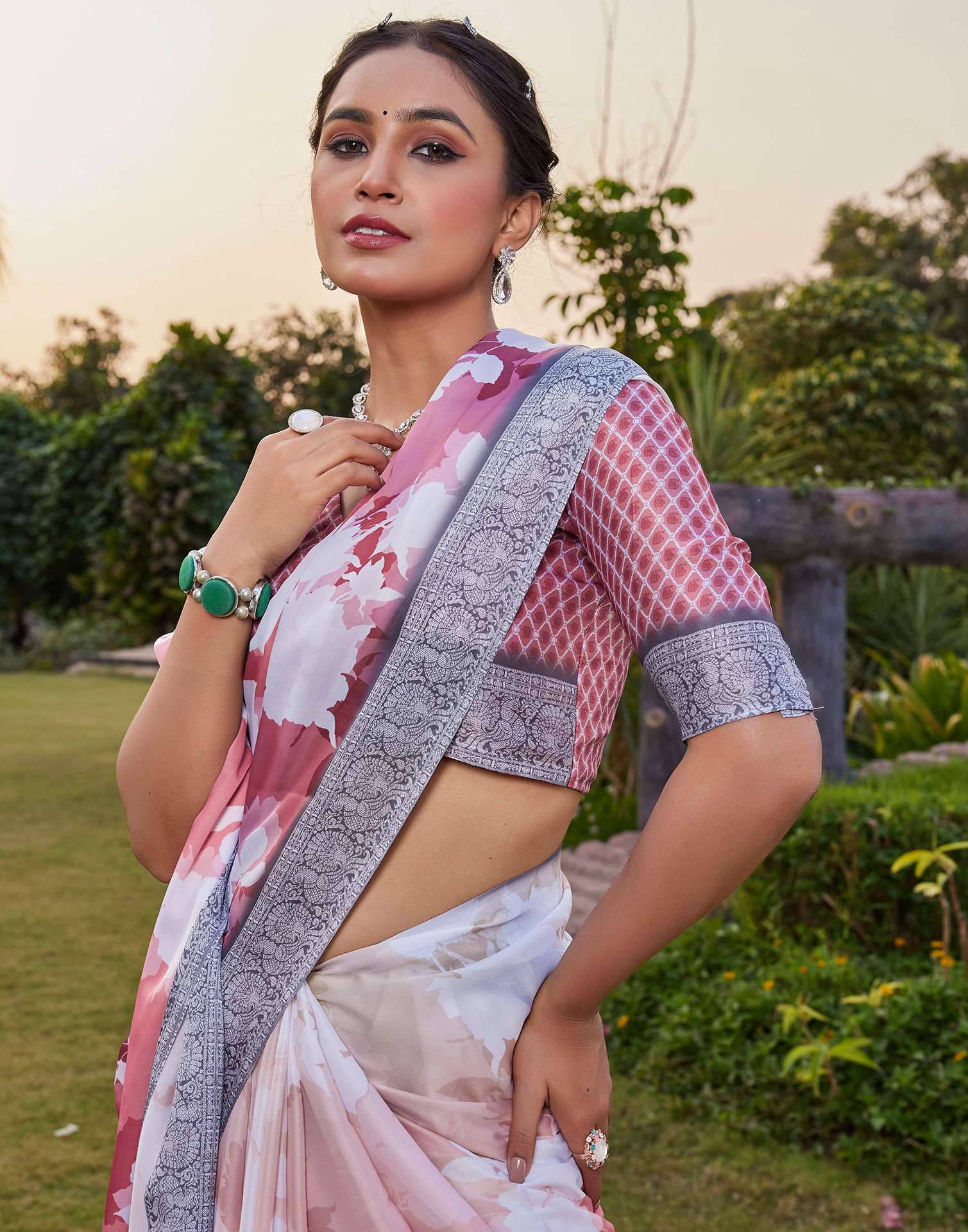 Rose Pink Satin Printed Saree
