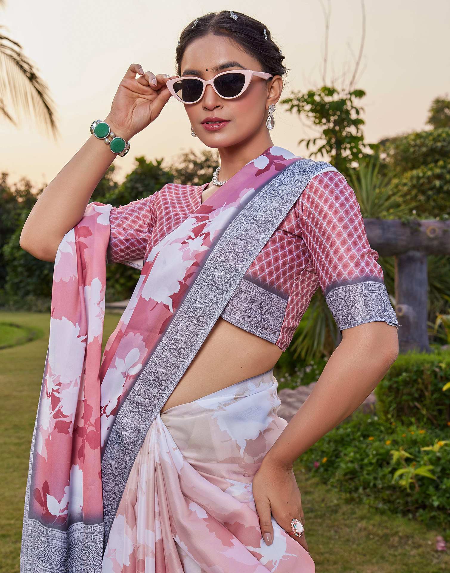 Rose Pink Satin Printed Saree