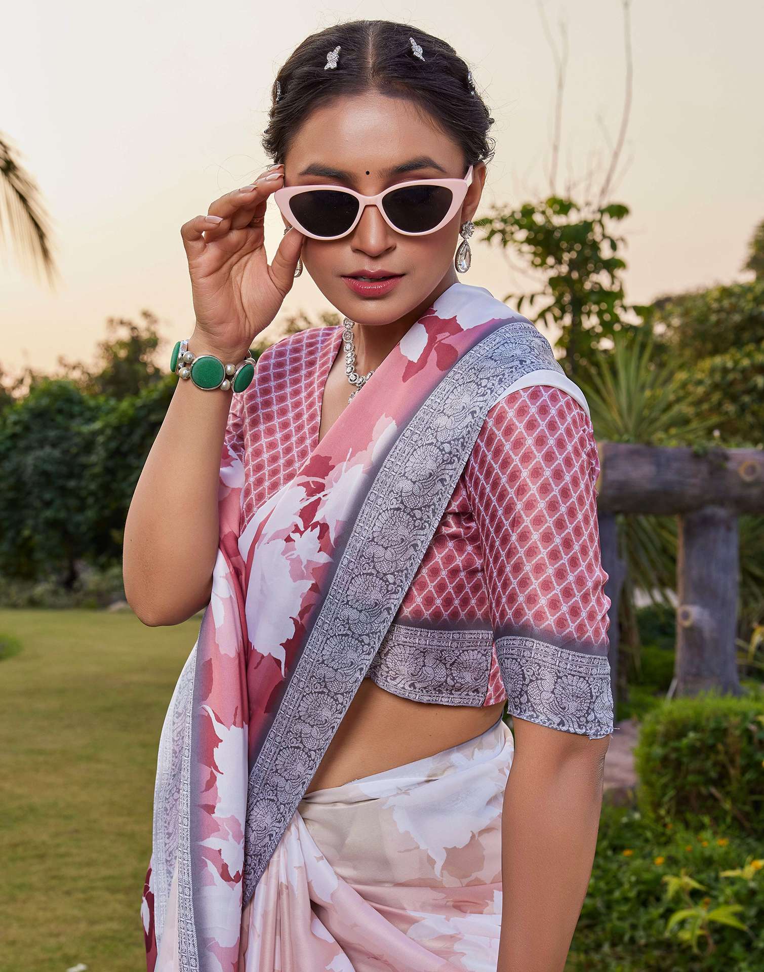 Rose Pink Satin Printed Saree