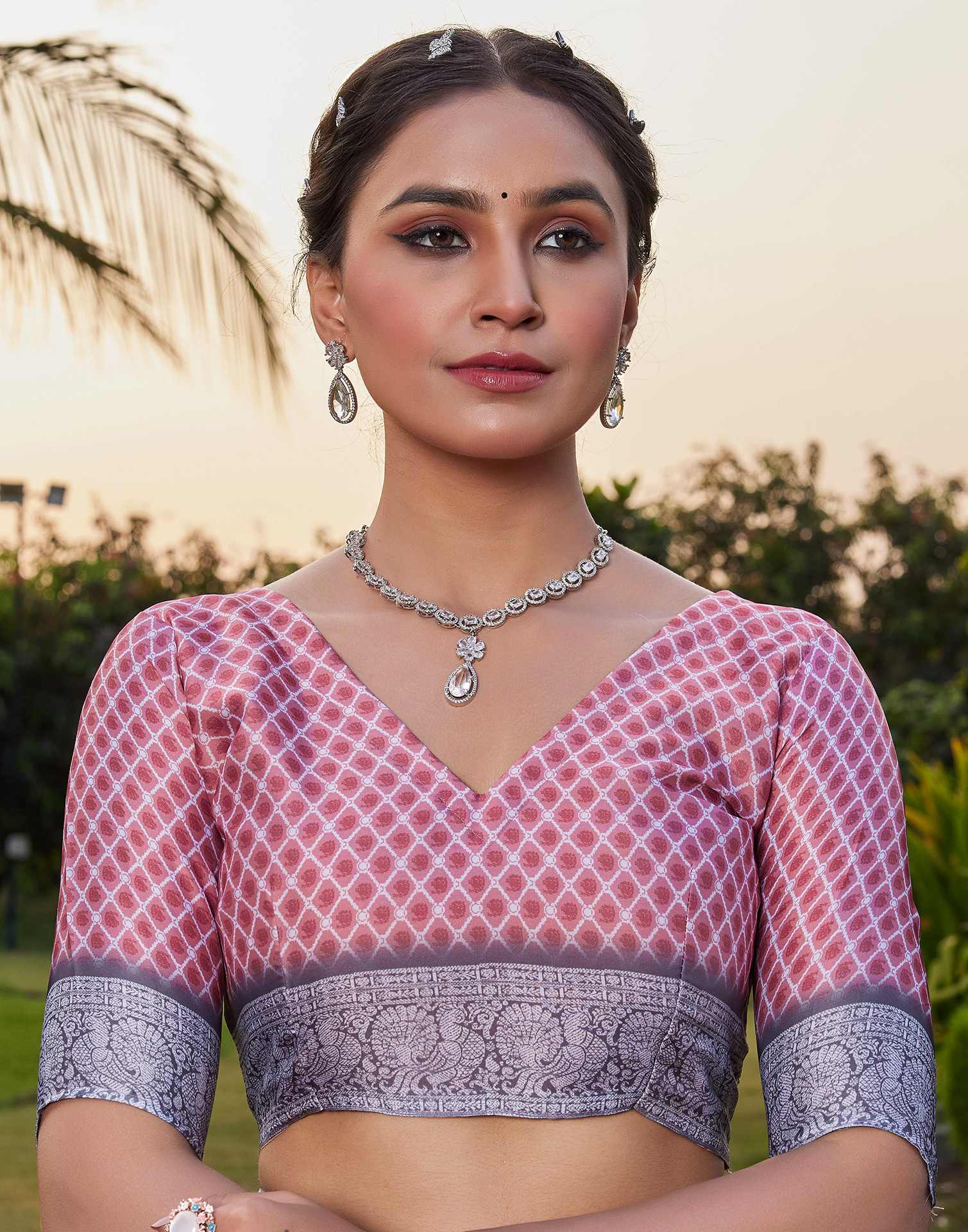 Rose Pink Satin Printed Saree