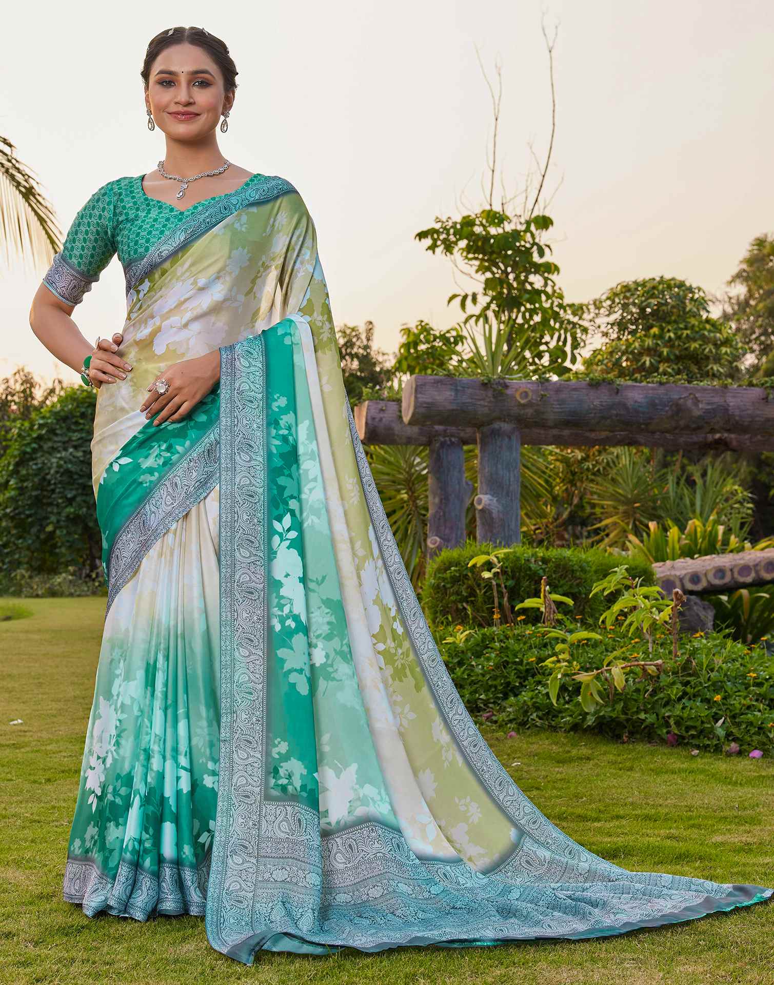 Teal Green Satin Printed Saree