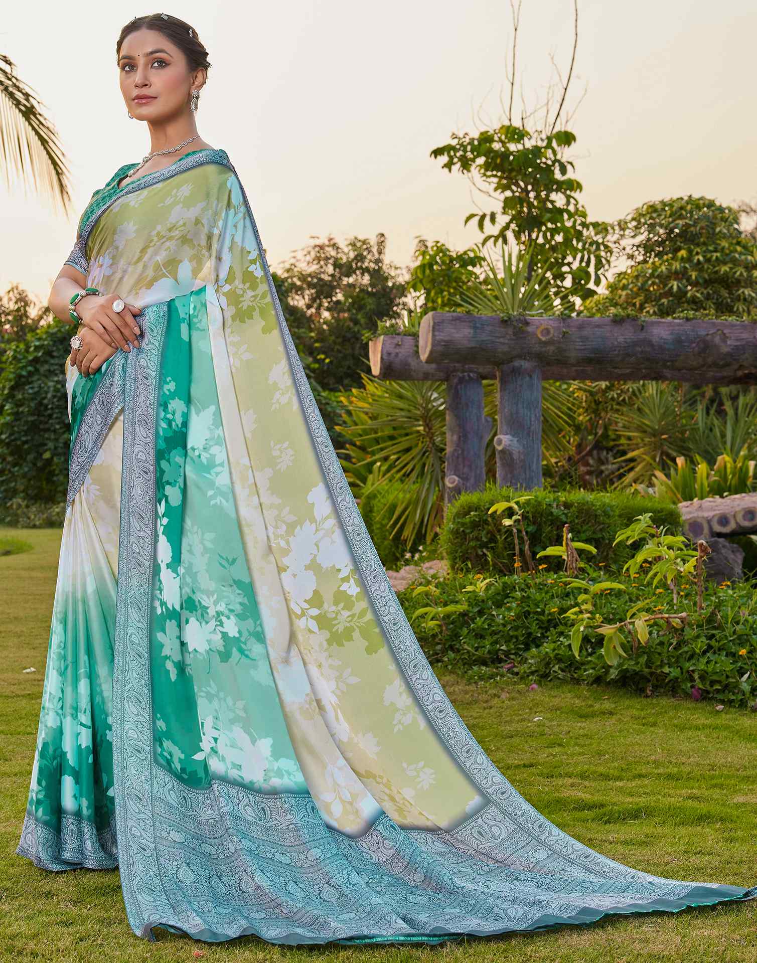Teal Green Satin Printed Saree