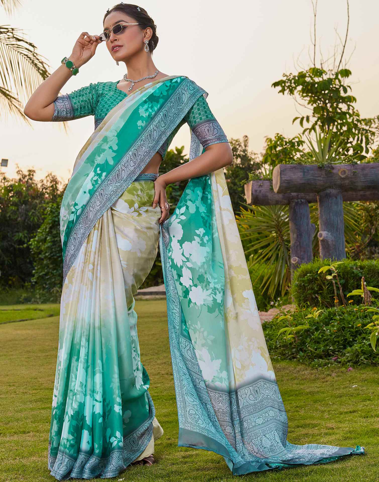 Teal Green Satin Printed Saree
