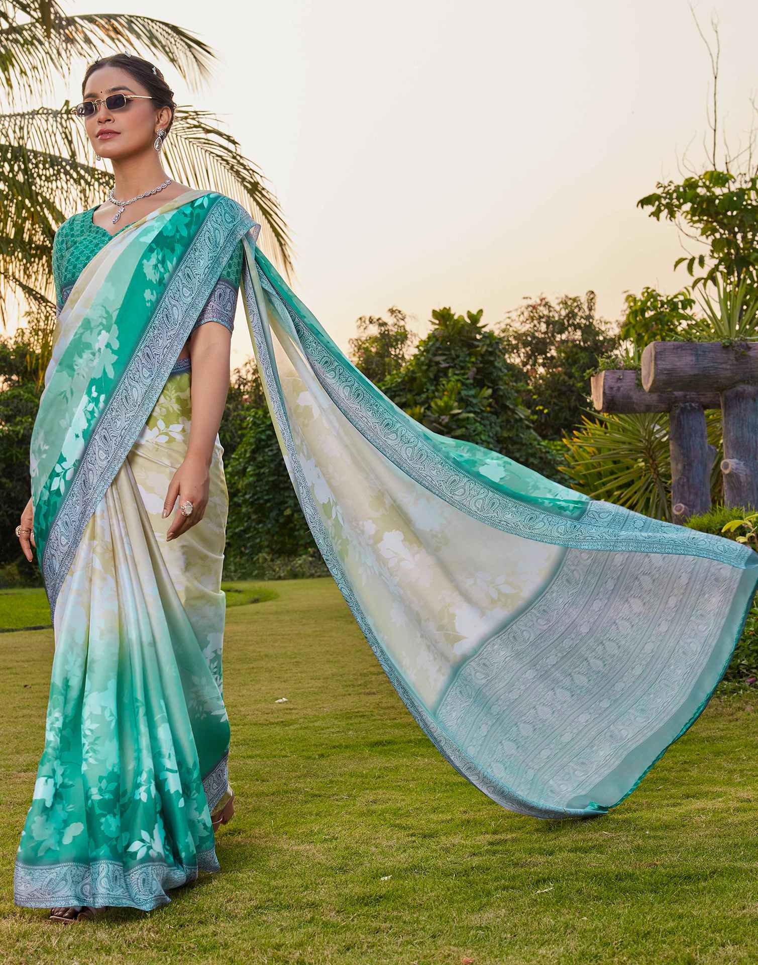 Teal Green Satin Printed Saree