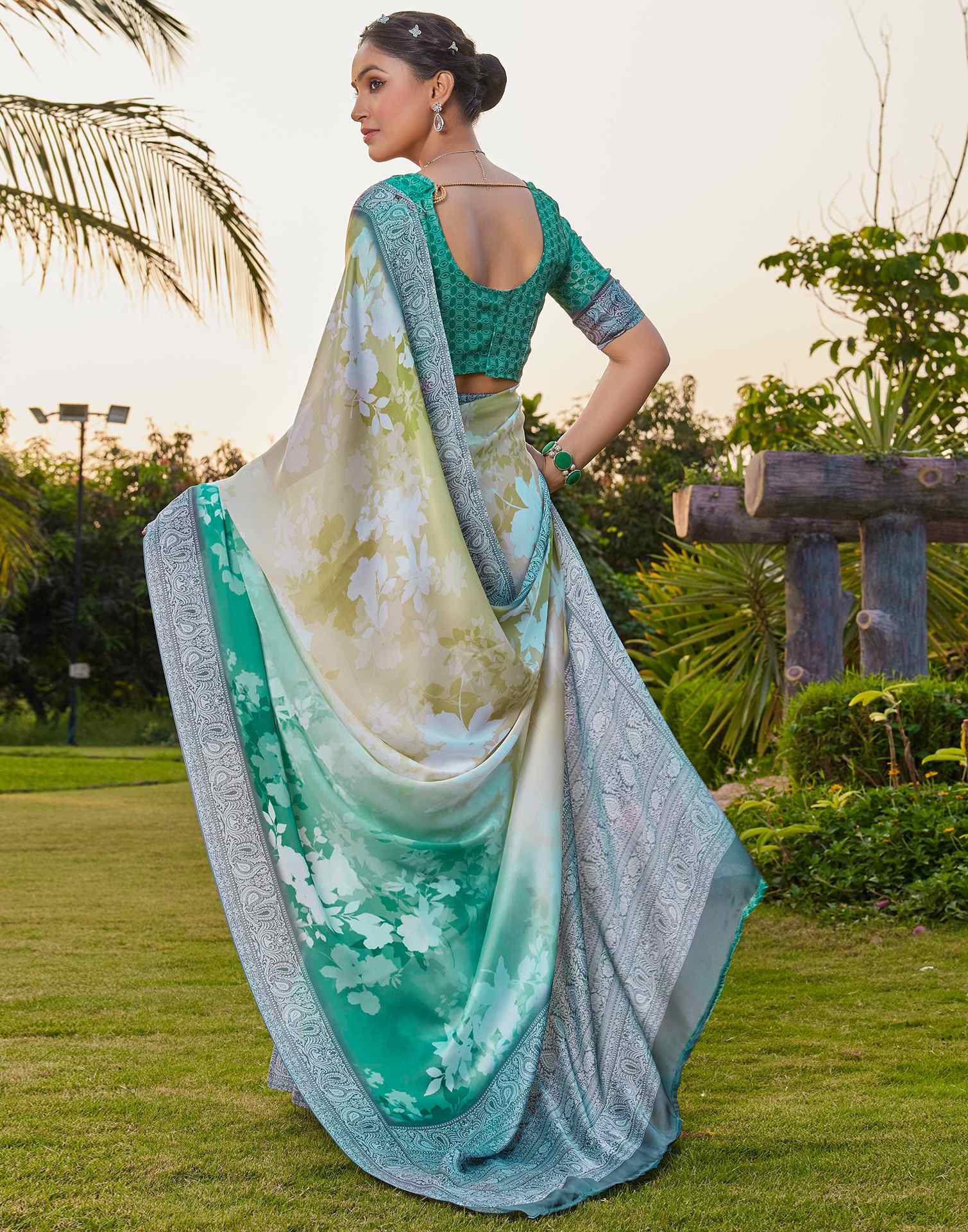 Teal Green Satin Printed Saree