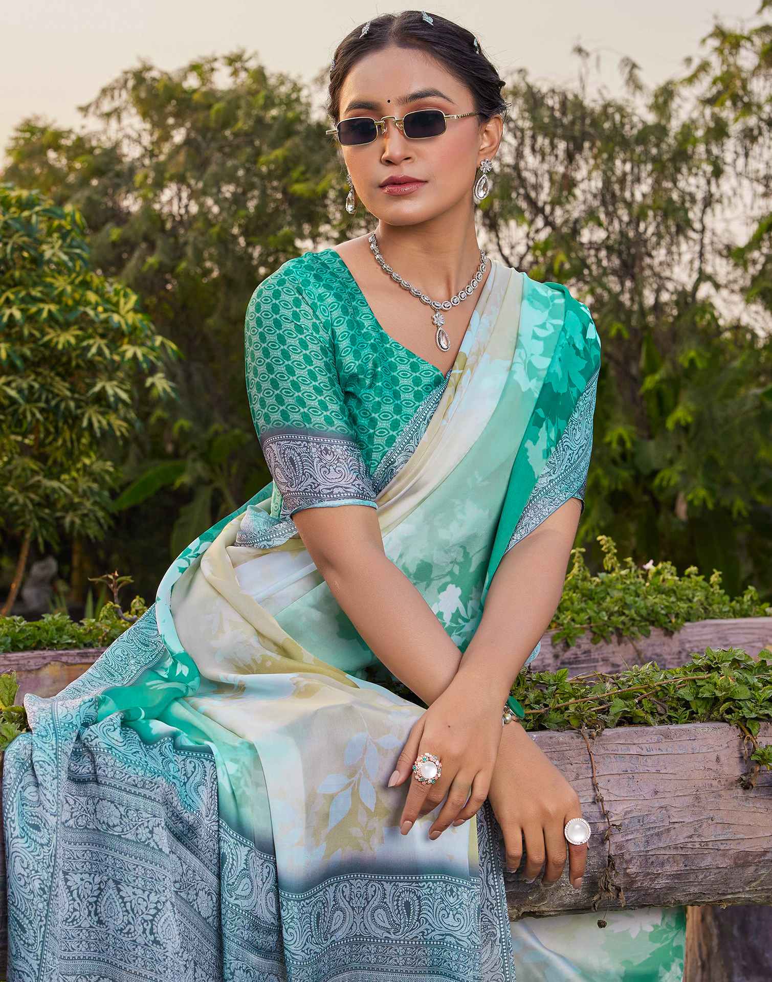 Teal Green Satin Printed Saree