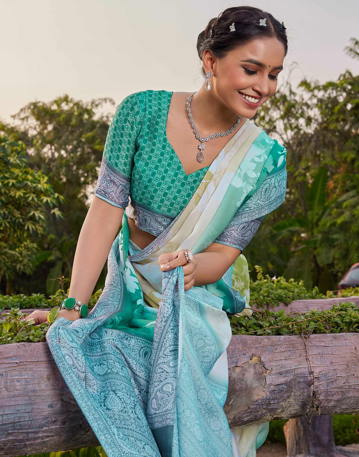 Teal Green Satin Printed Saree