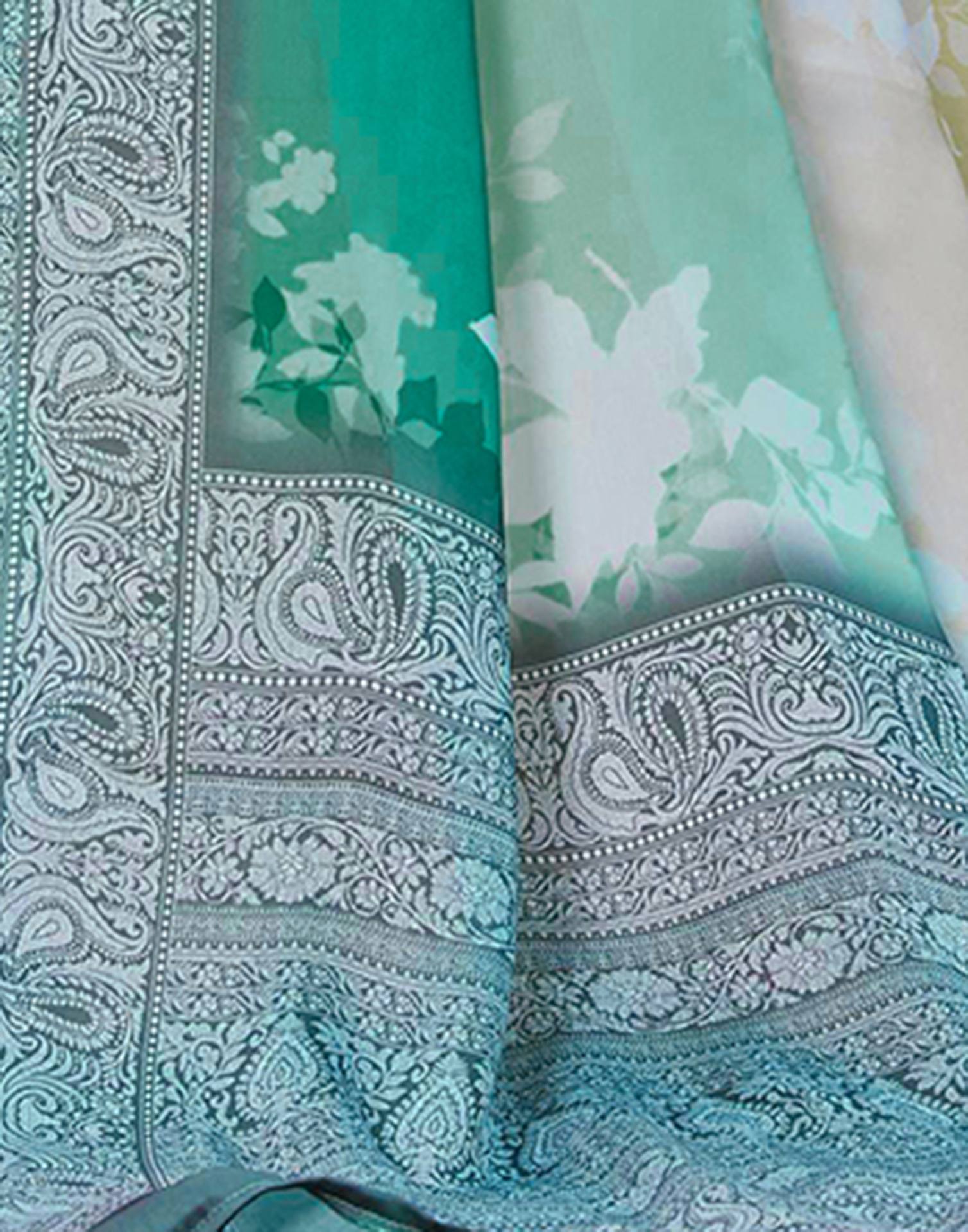 Teal Green Satin Printed Saree