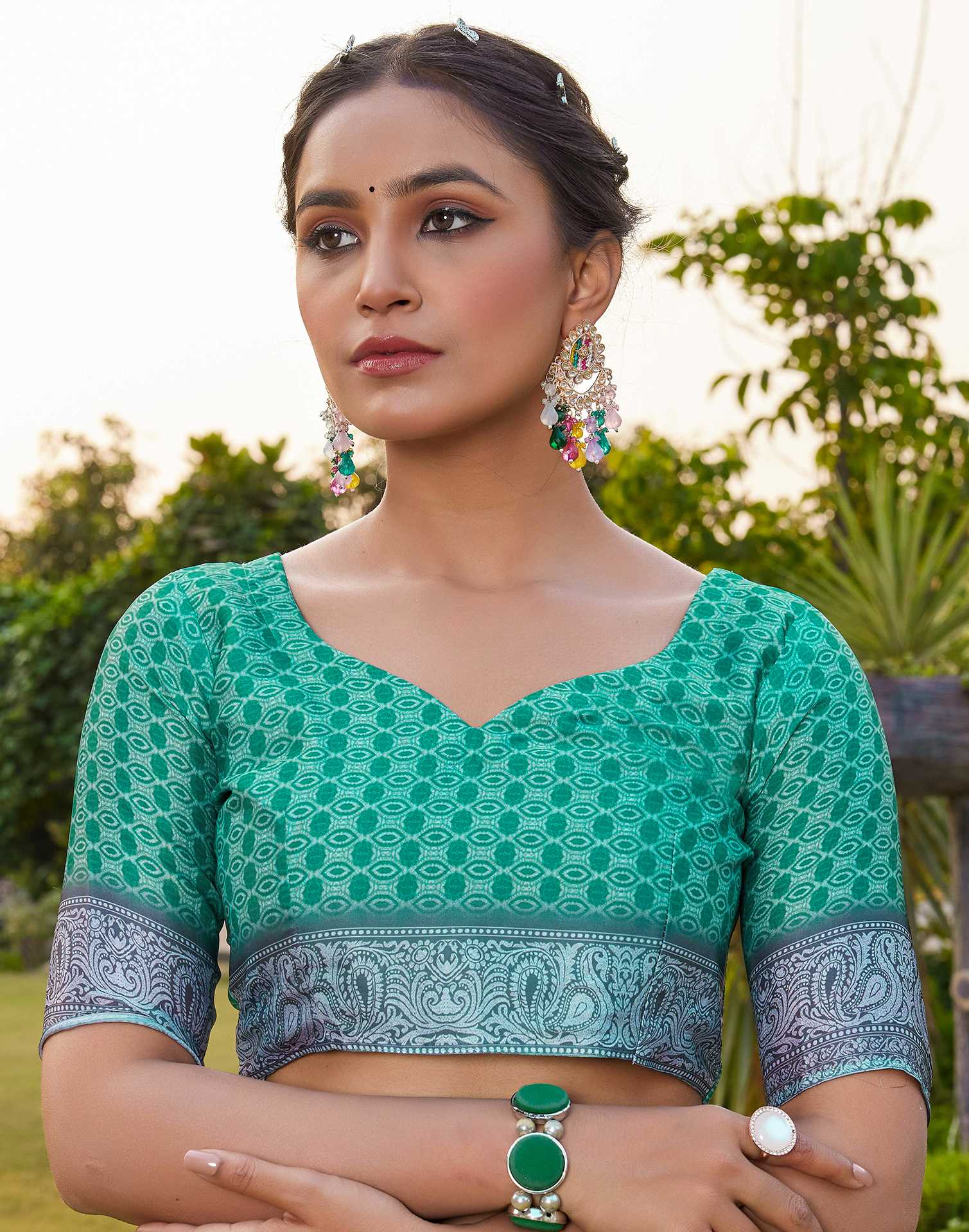 Teal Green Satin Printed Saree