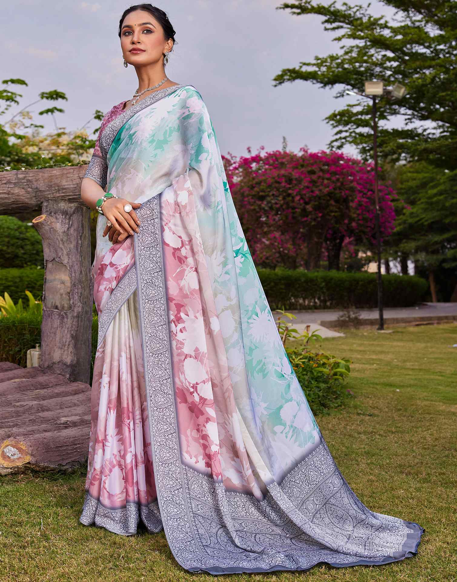 Multicoloured Satin Printed Saree