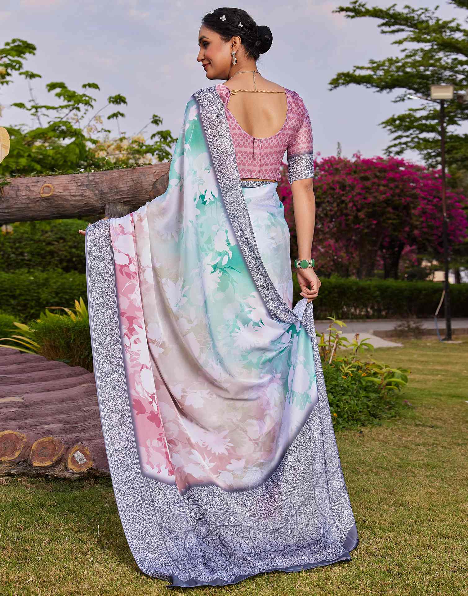 Multicoloured Satin Printed Saree