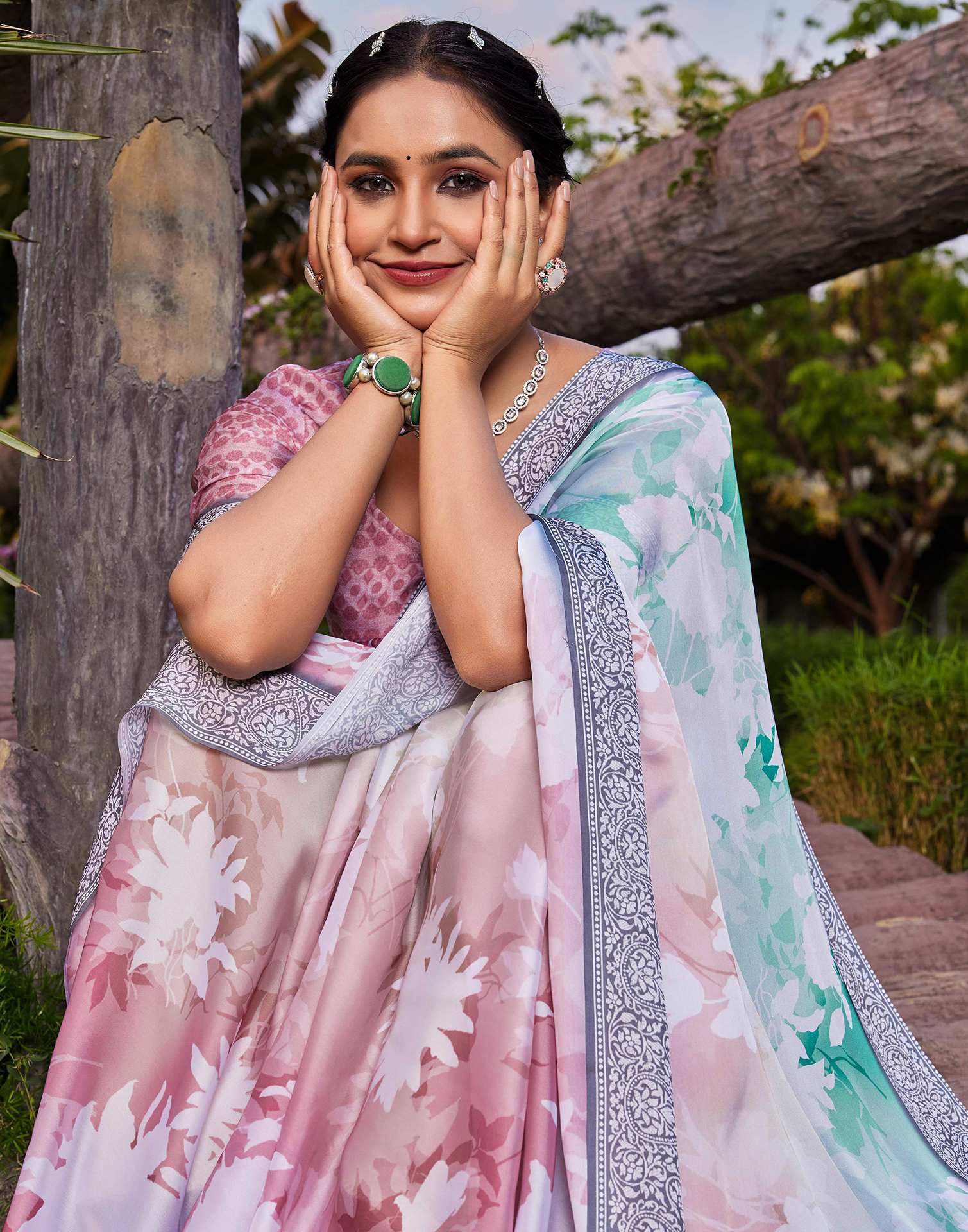 Multicoloured Satin Printed Saree