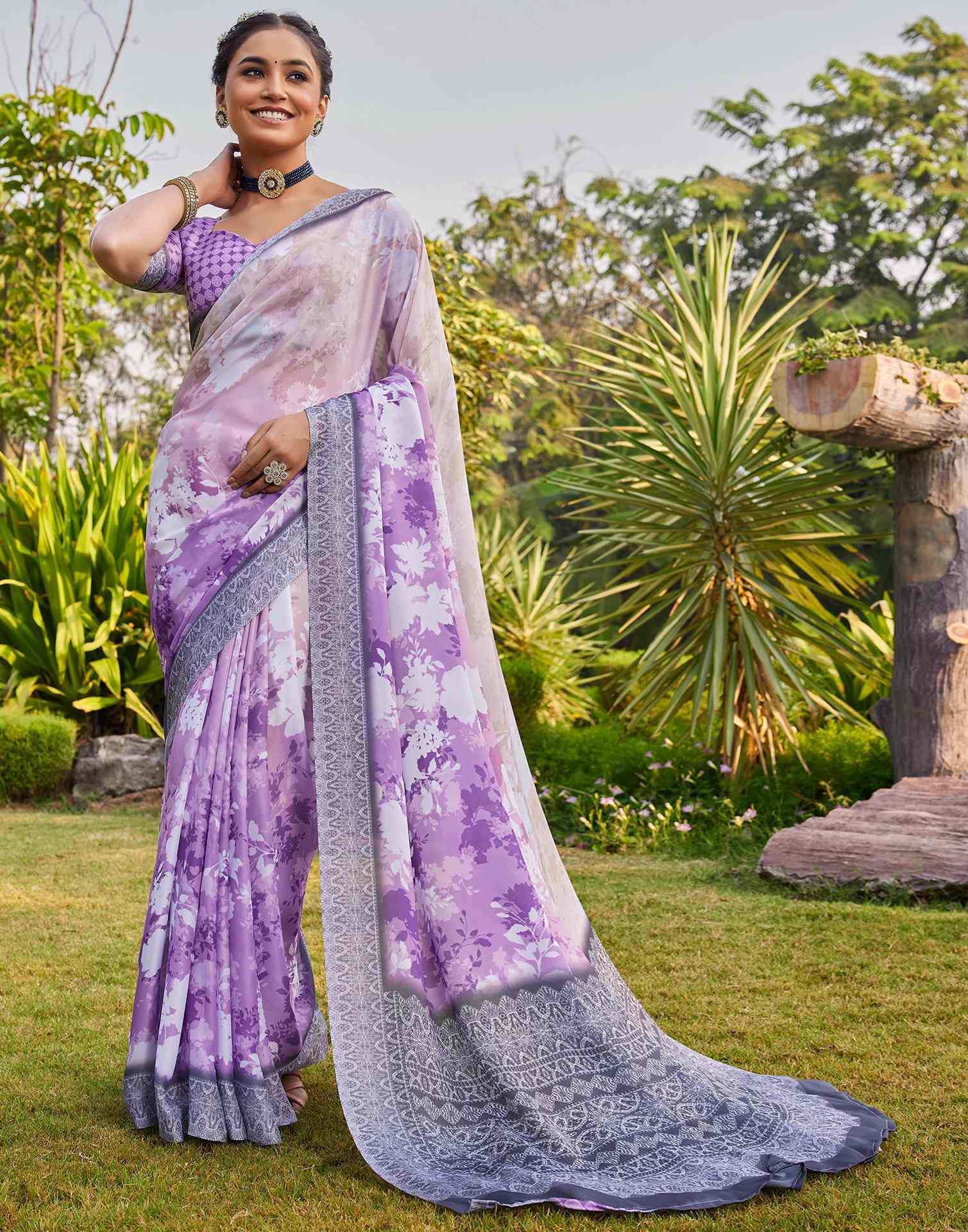 Purple Satin Printed Saree
