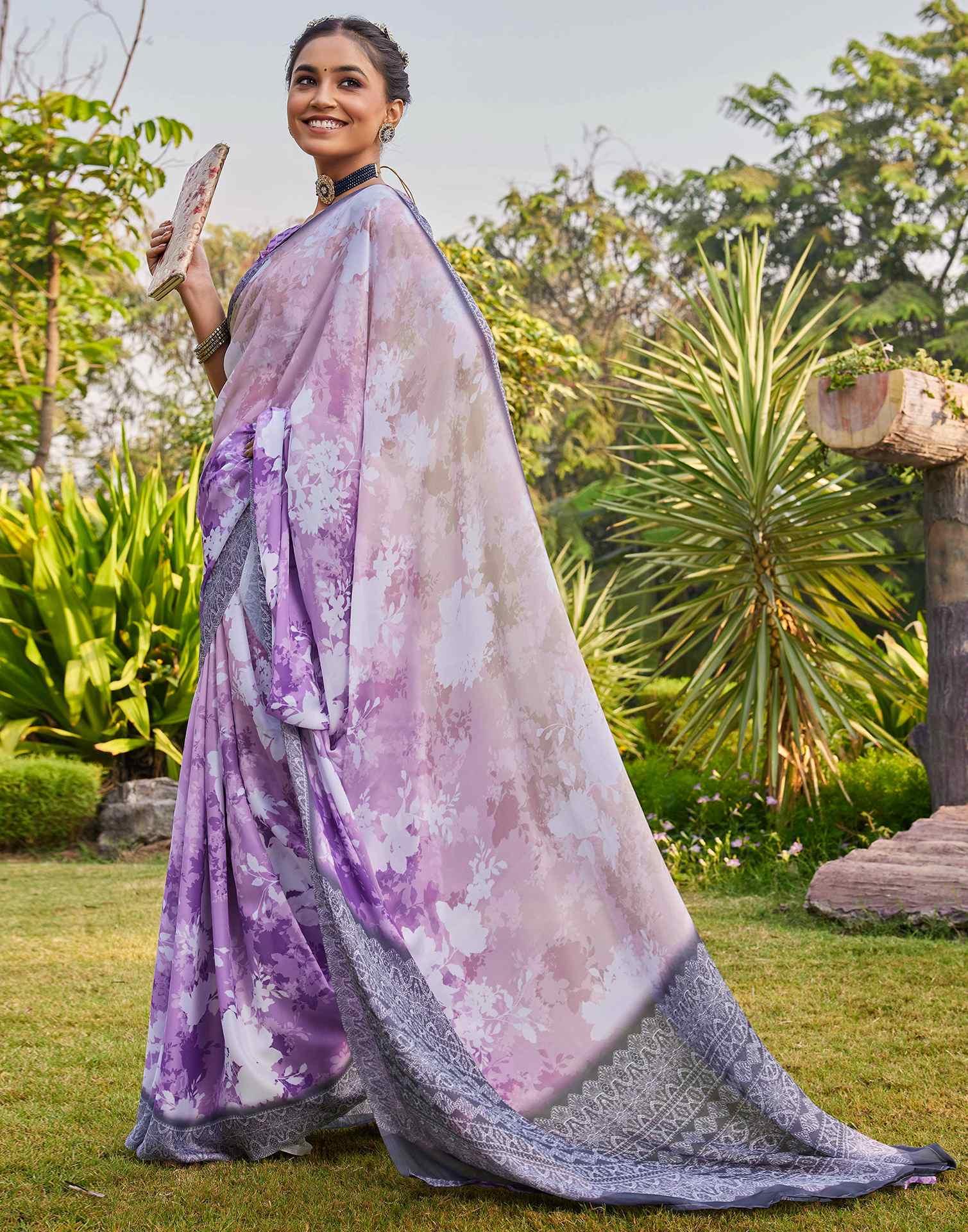 Purple Satin Printed Saree