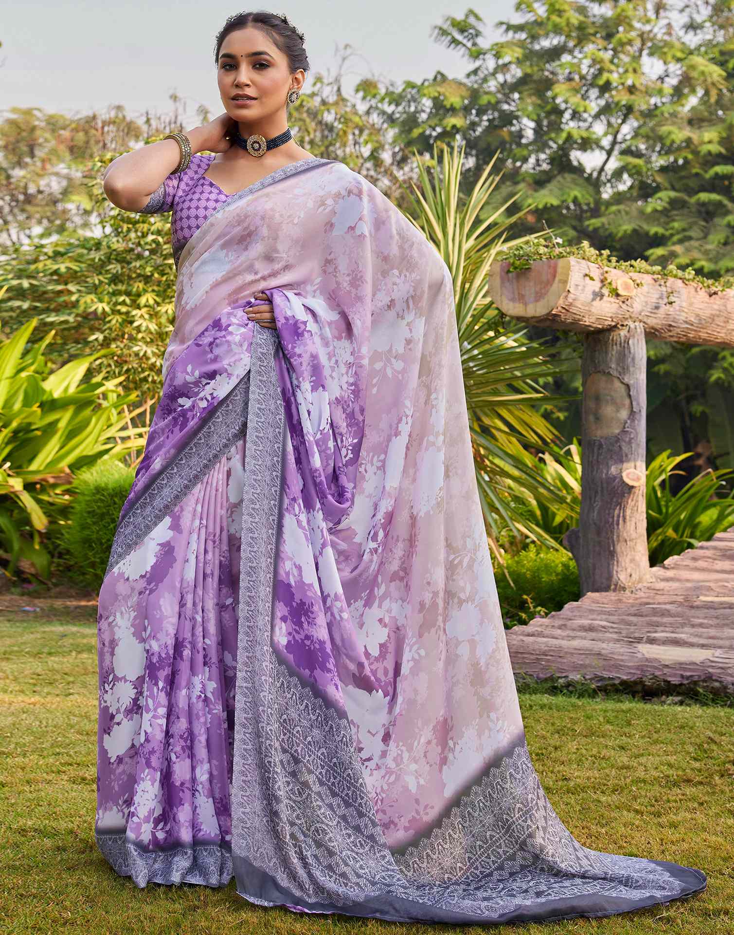 Purple Satin Printed Saree