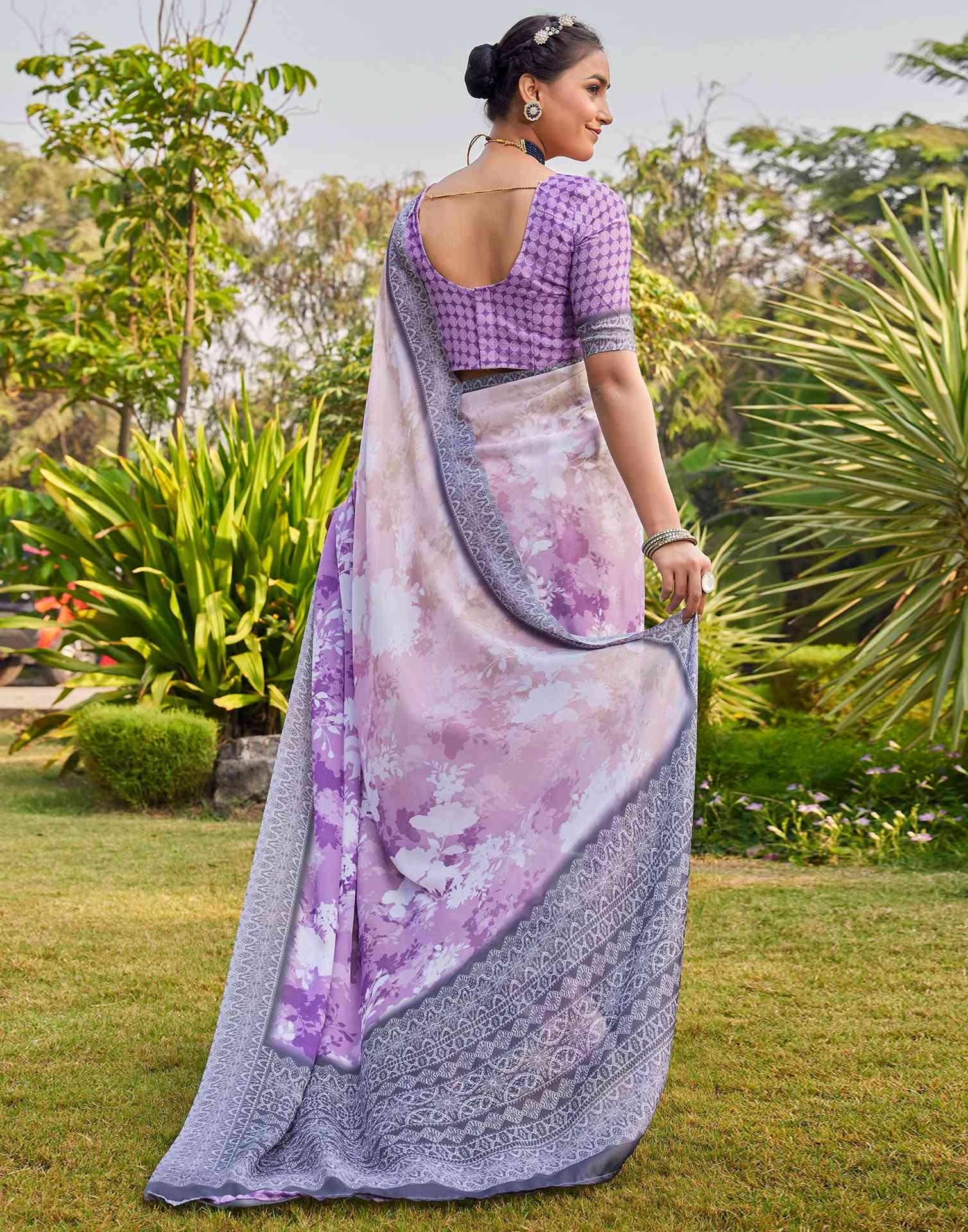 Purple Satin Printed Saree