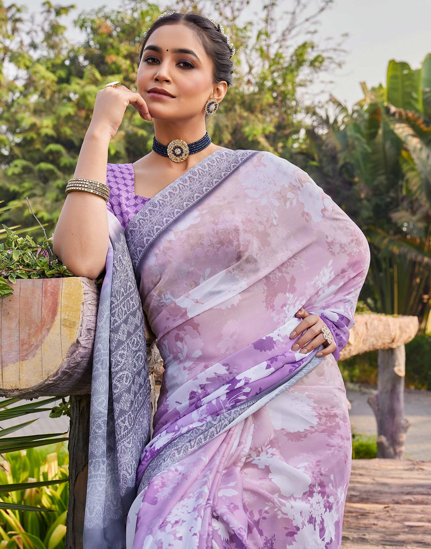 Purple Satin Printed Saree