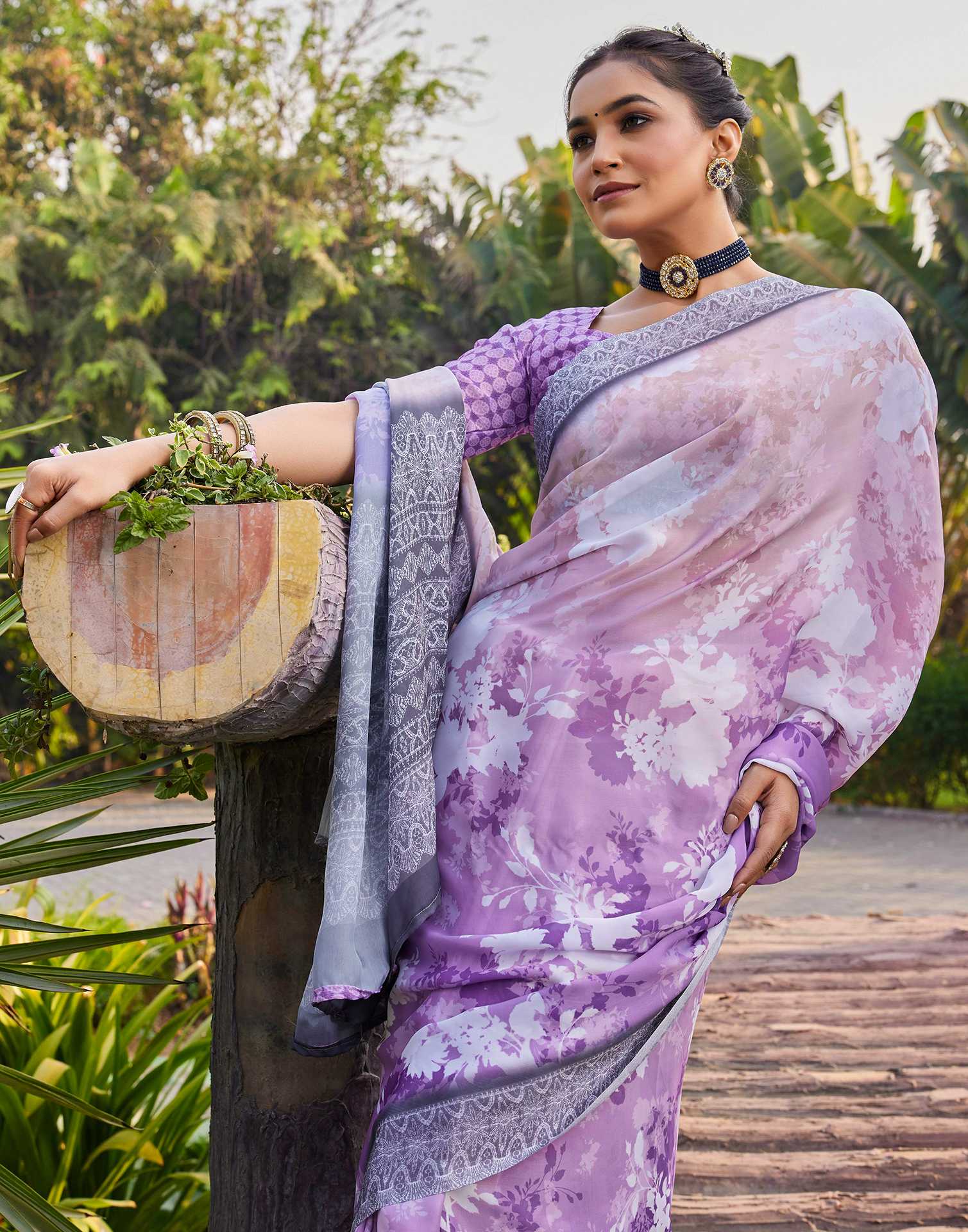 Purple Satin Printed Saree