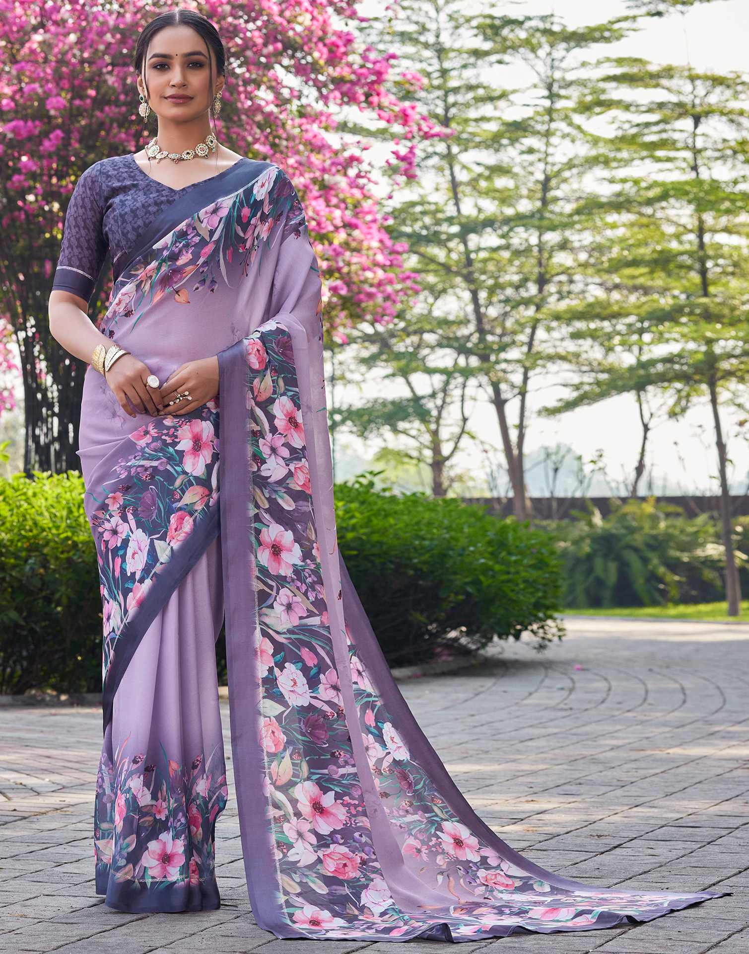 Mauve Georgette Floral Printed Saree