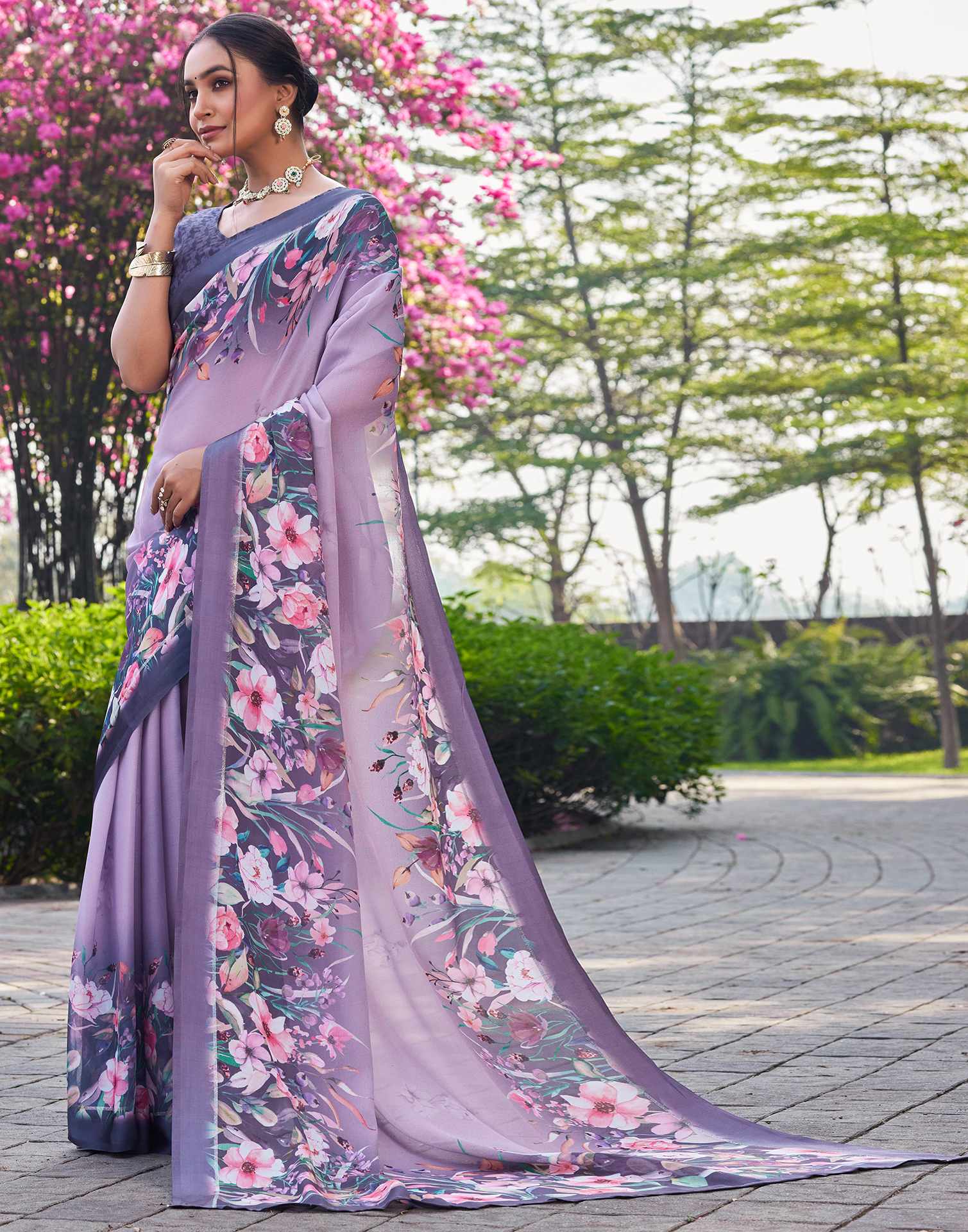 Mauve Georgette Floral Printed Saree