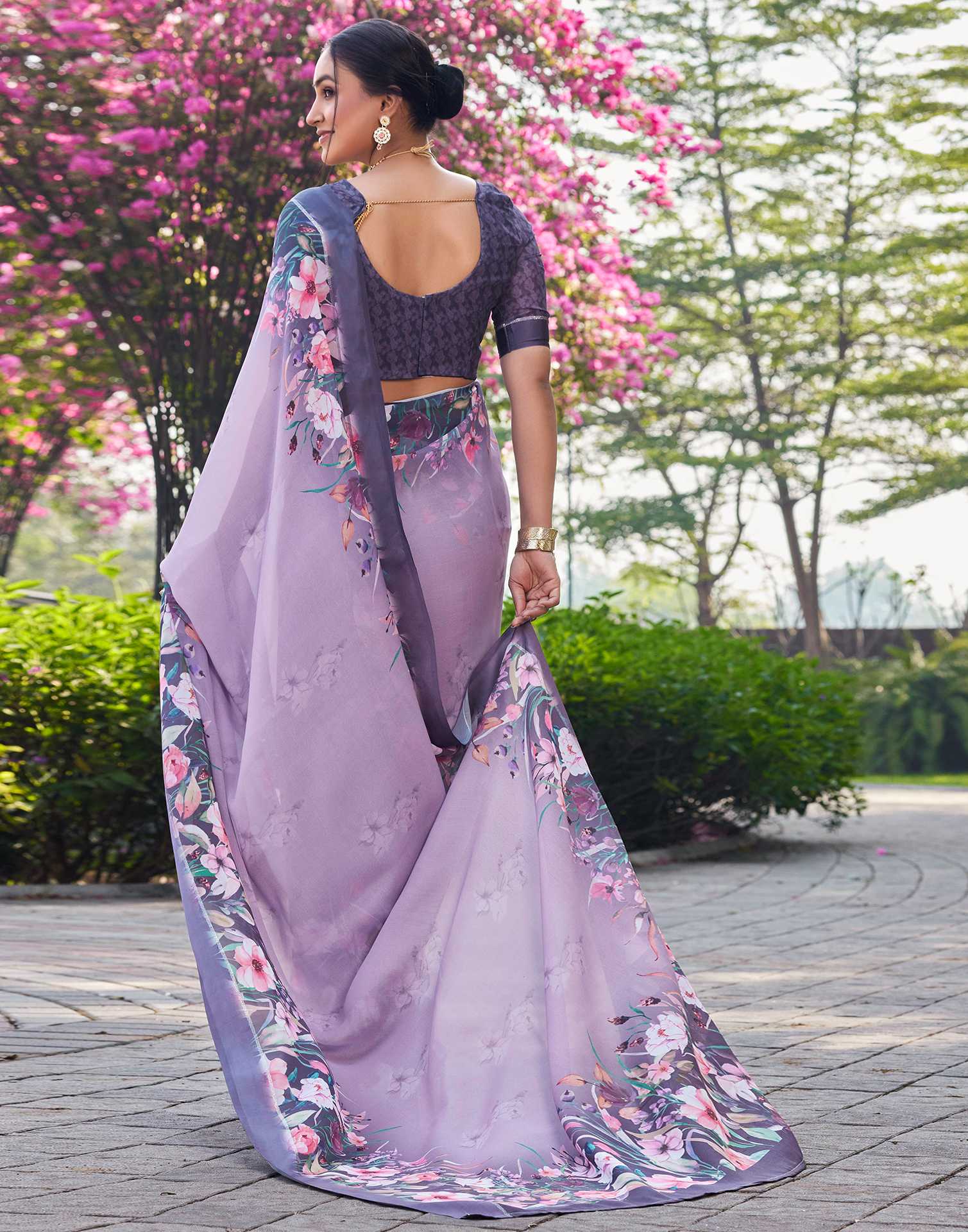 Mauve Georgette Floral Printed Saree