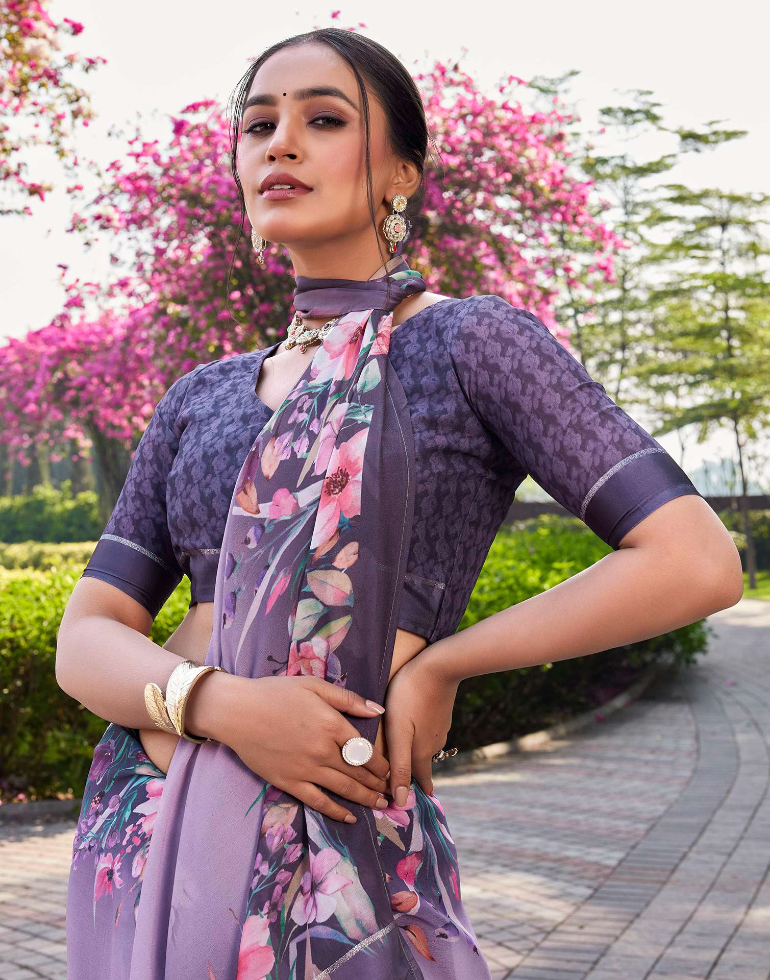 Mauve Georgette Floral Printed Saree