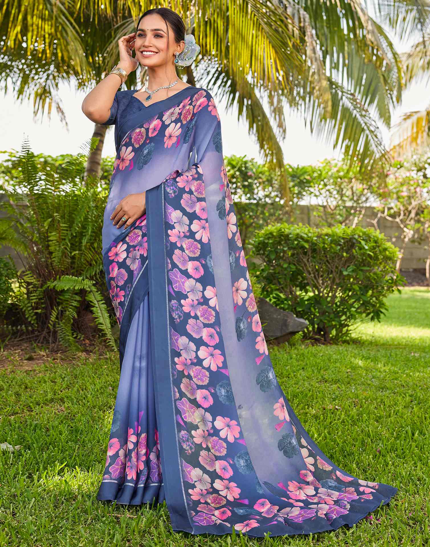 Dusty Blue Georgette Floral Printed Saree